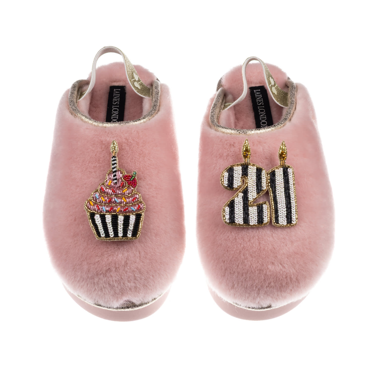 Laines London Women's Gold / Pink Flatform Cloud Slippers With Stripe 21st Birthday & Cake Brooches - Dusky Pink In Pink