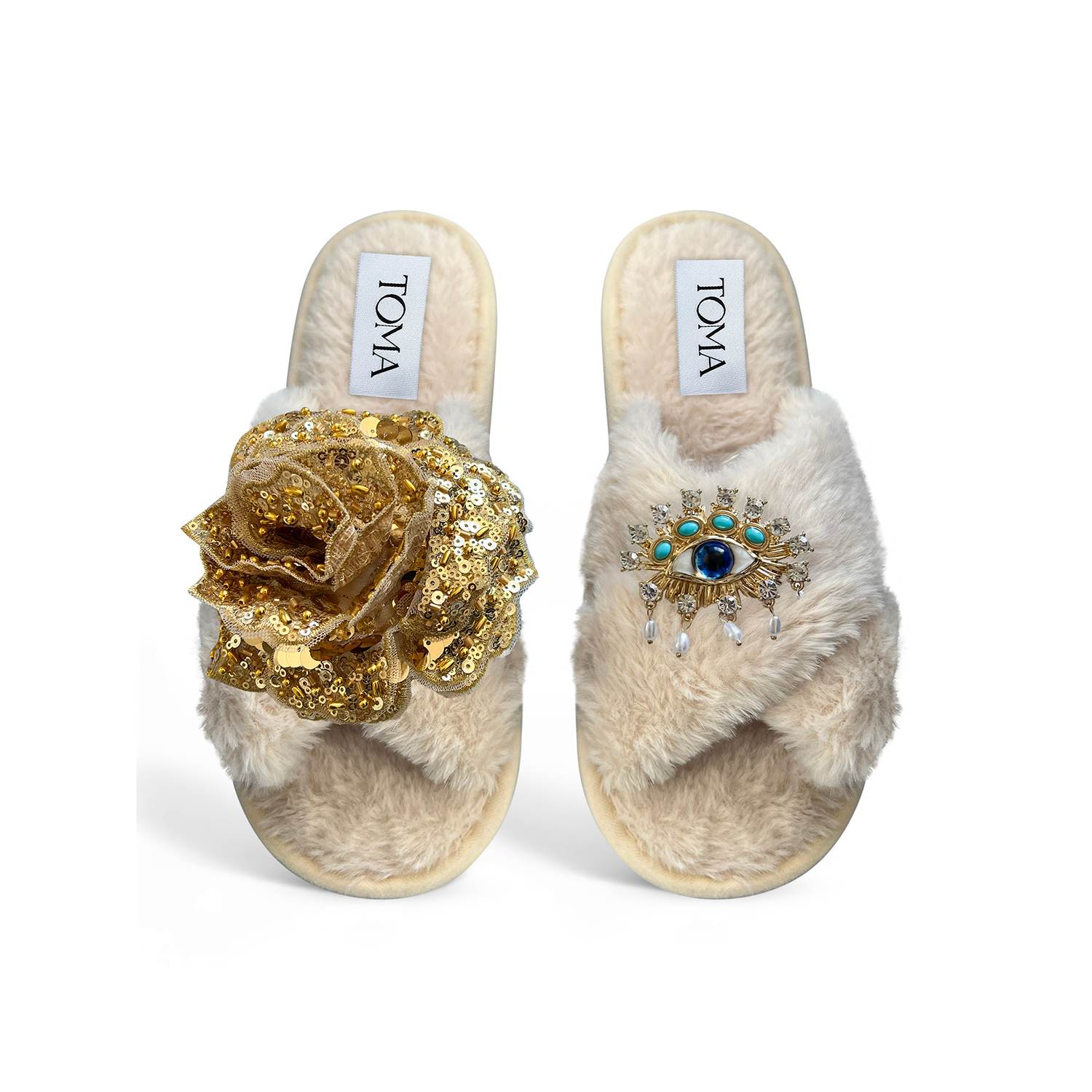 Toma Women's Neutrals Classic  Open Toe Gold Sequin Flower And Blue Eye Beige Slippers In Neutral