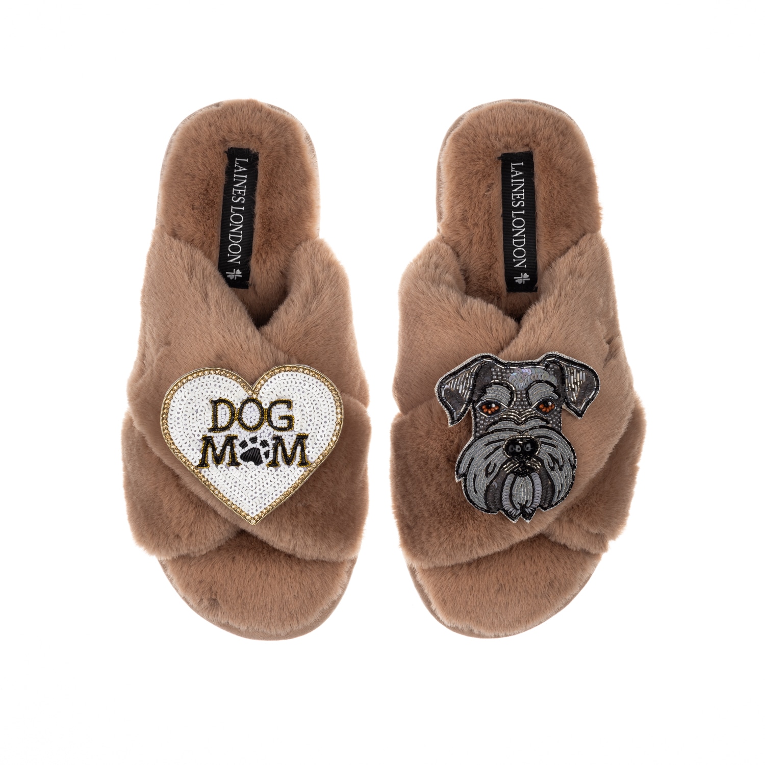 Laines London Women's Brown / Neutrals Classic Laines Slippers With Ernie The Schnauzer & Dog Mum / Mom Brooches - In Brown