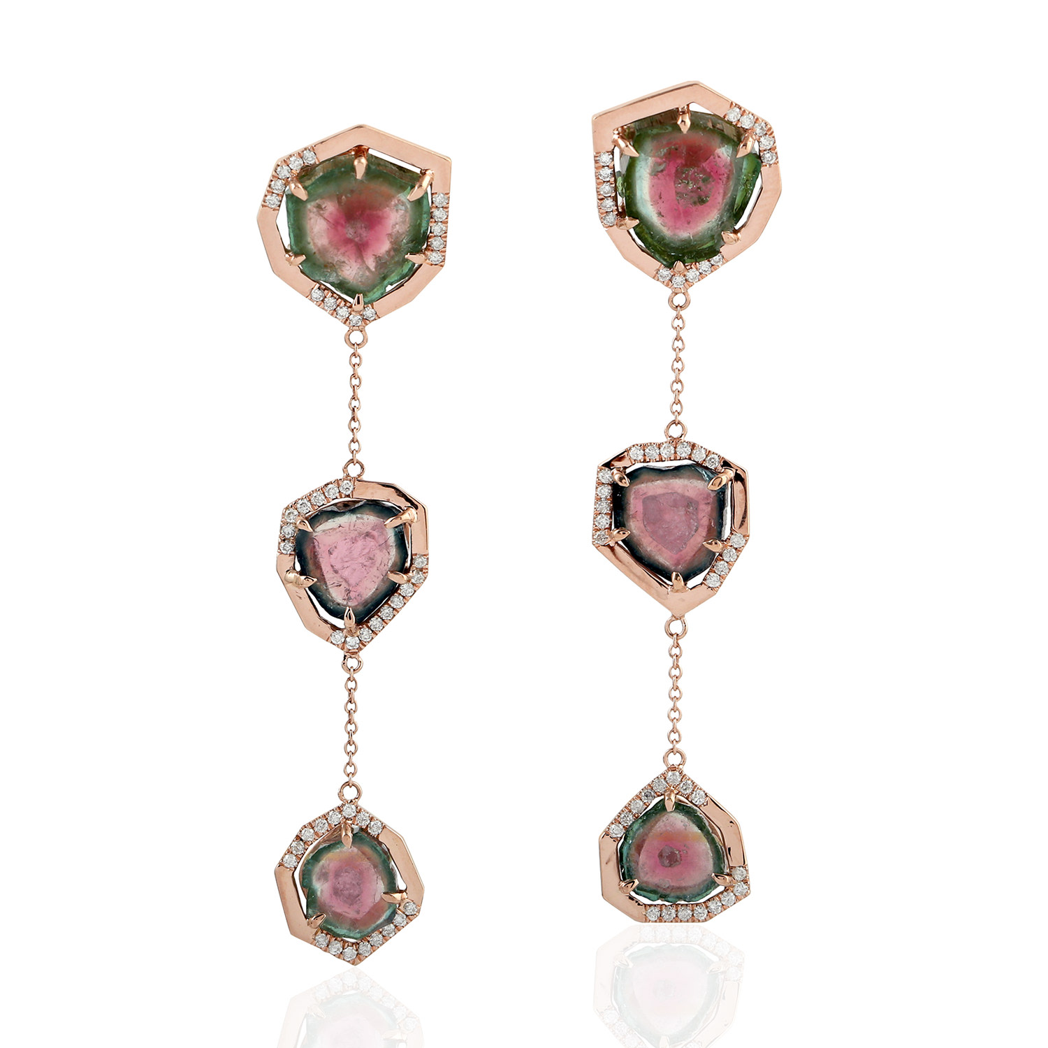 Artisan Women's Rose Gold / Pink / Purple Tourmaline Melon Pave Diamond Dangle Earrings In Rose Gold