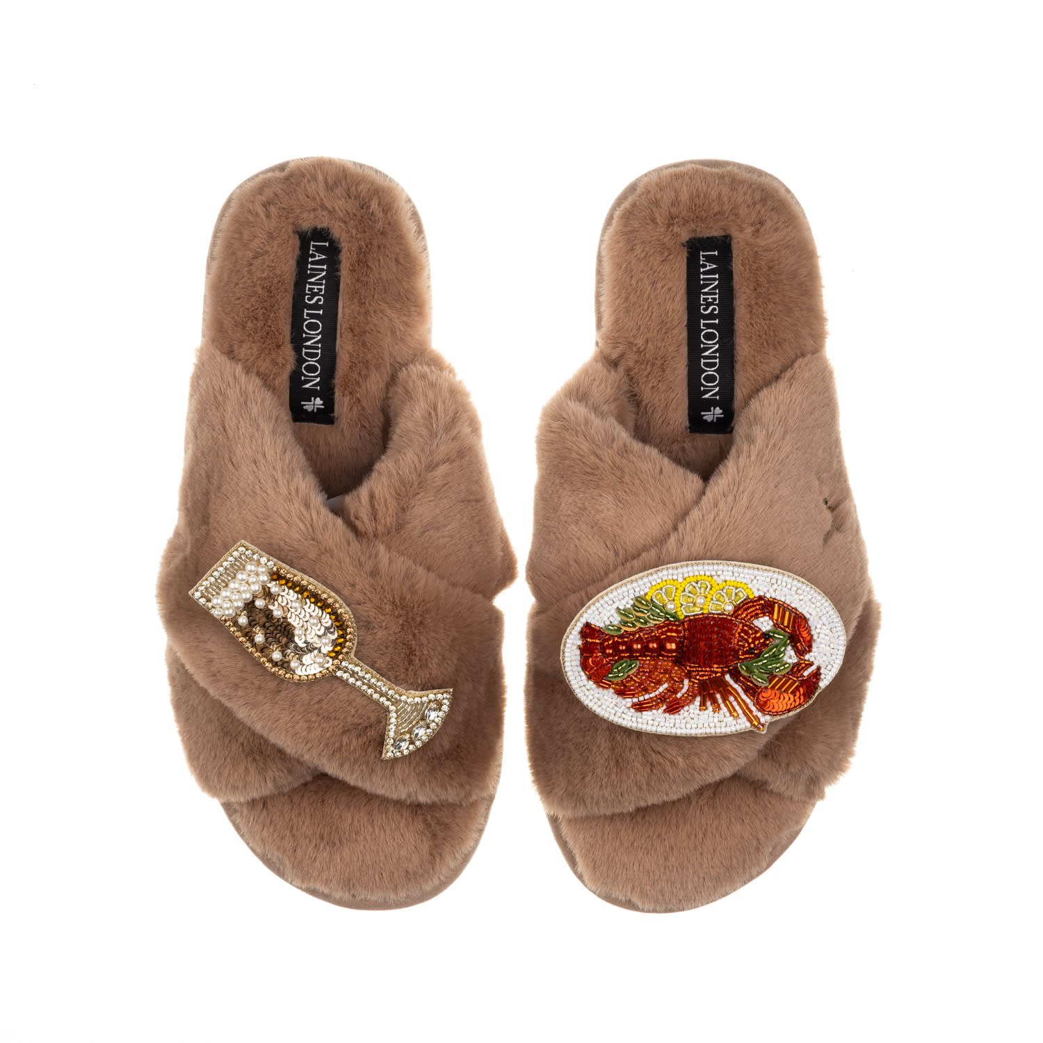 Laines London Women's Brown Classic Laines Slippers With Lobster Platter & Glass Of Fizz Brooches - Toffee In Brown