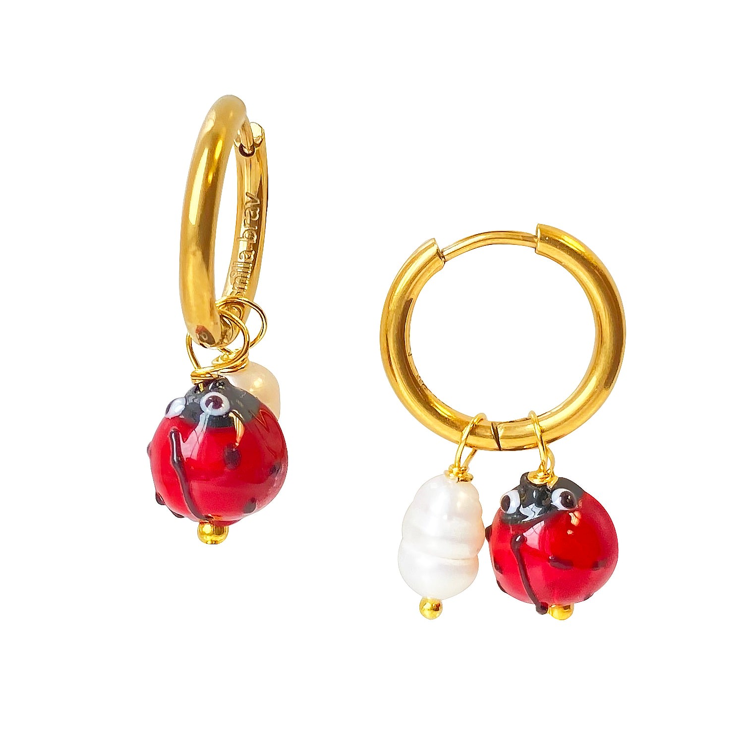Smilla Brav Gold / Black / Red Pearl Hoop Earrings Ladybug In Multi