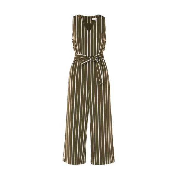 PAISIE Striped Jumpsuit With Side Cut Outs With Self Belt In Olive Green & White