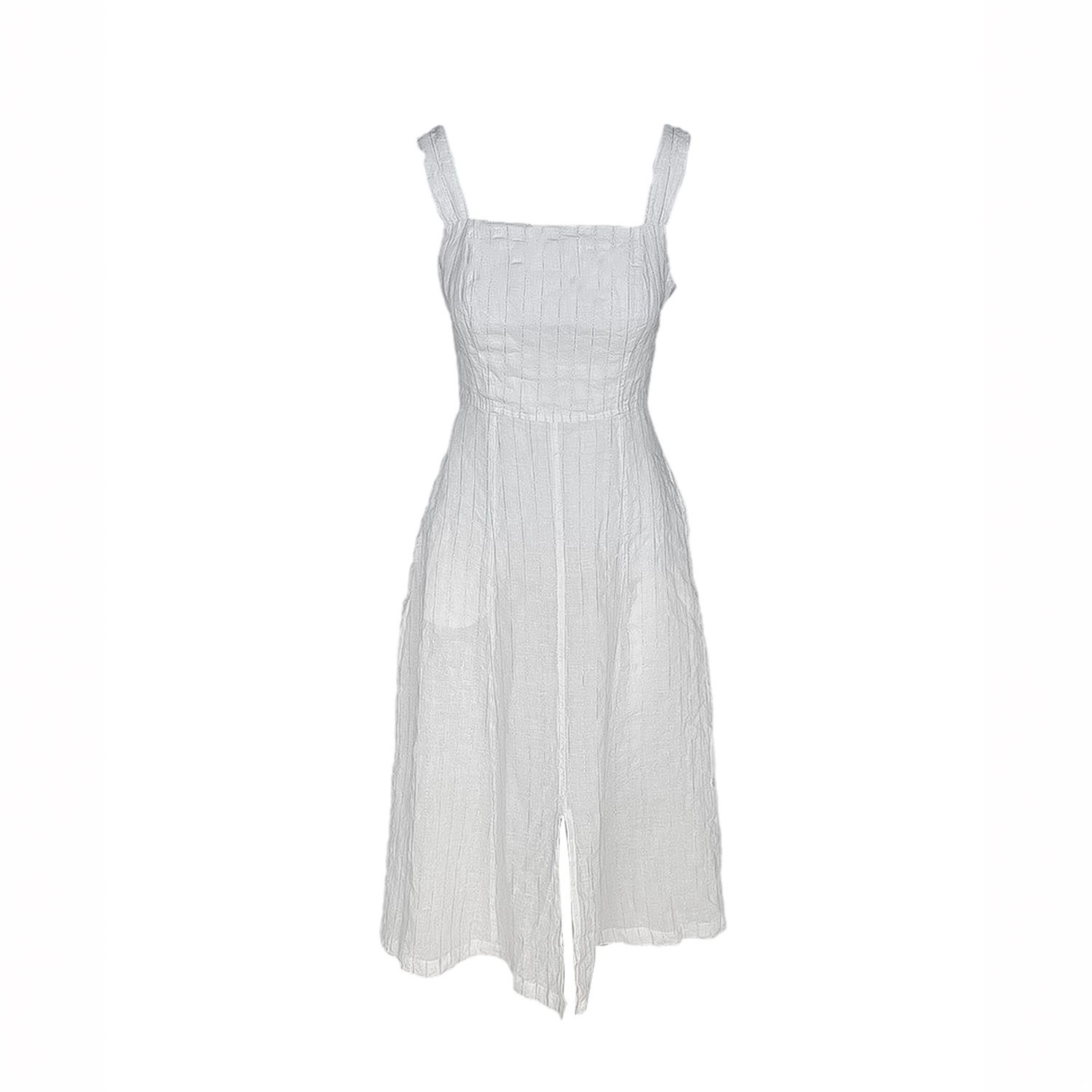 Haris Cotton Women's Square Neck Striped Linen Tie Back Dress With Front Slit White Silver