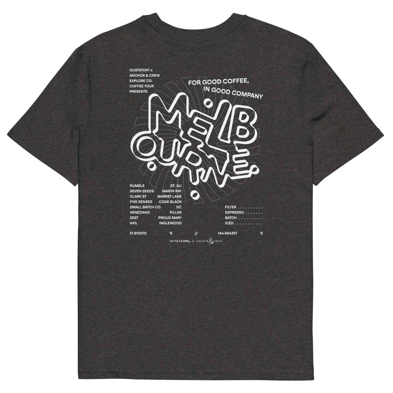 Anchor & Crew Dark Heather Grey Gustatory Melbourne Coffee Scene Organic Cotton Embroidered T-shirt - Women In Grey