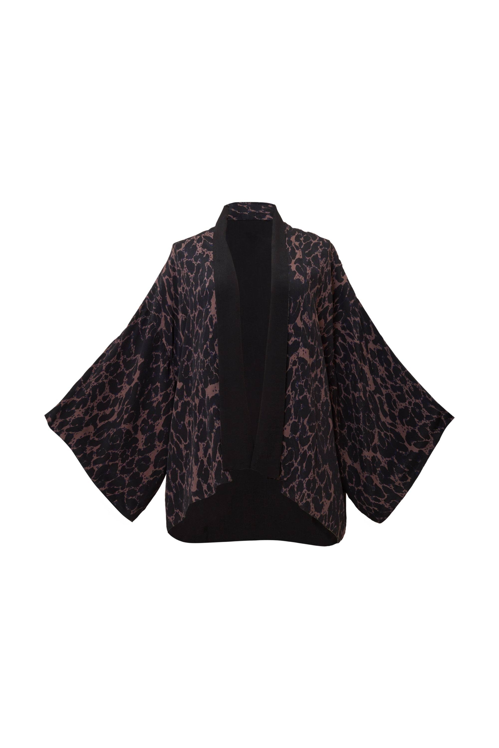 Women&rsquo;s Black / Brown Leopard Print & Black  Reversible Kimono | One Size | Artemis Muse