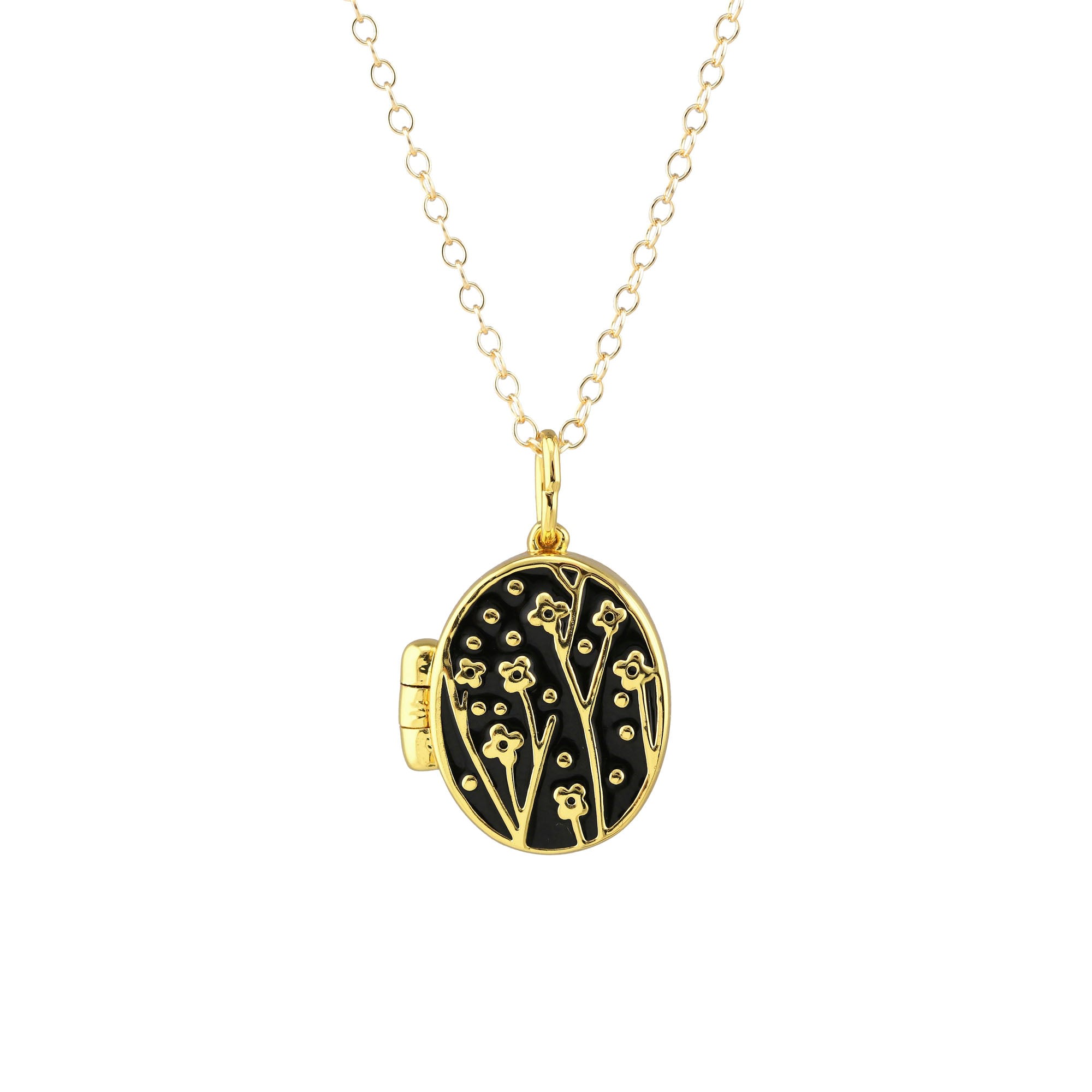 Women’s Gold / Black Flower Oval Enamel Locket Charm Necklace Kris Nations