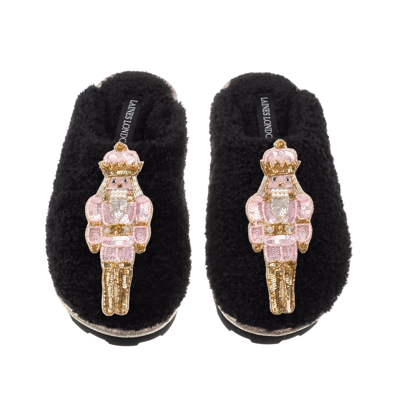 Laines London Women's Teddy Closed Toe Slippers With Double Pink Grand Nutcrackers Brooches - Black In Black