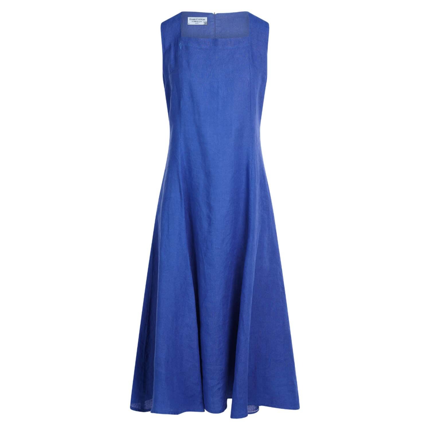 Haris Cotton Women's Blue Square Neckline Flared Linen Midi Dress - Lapis In Blue
