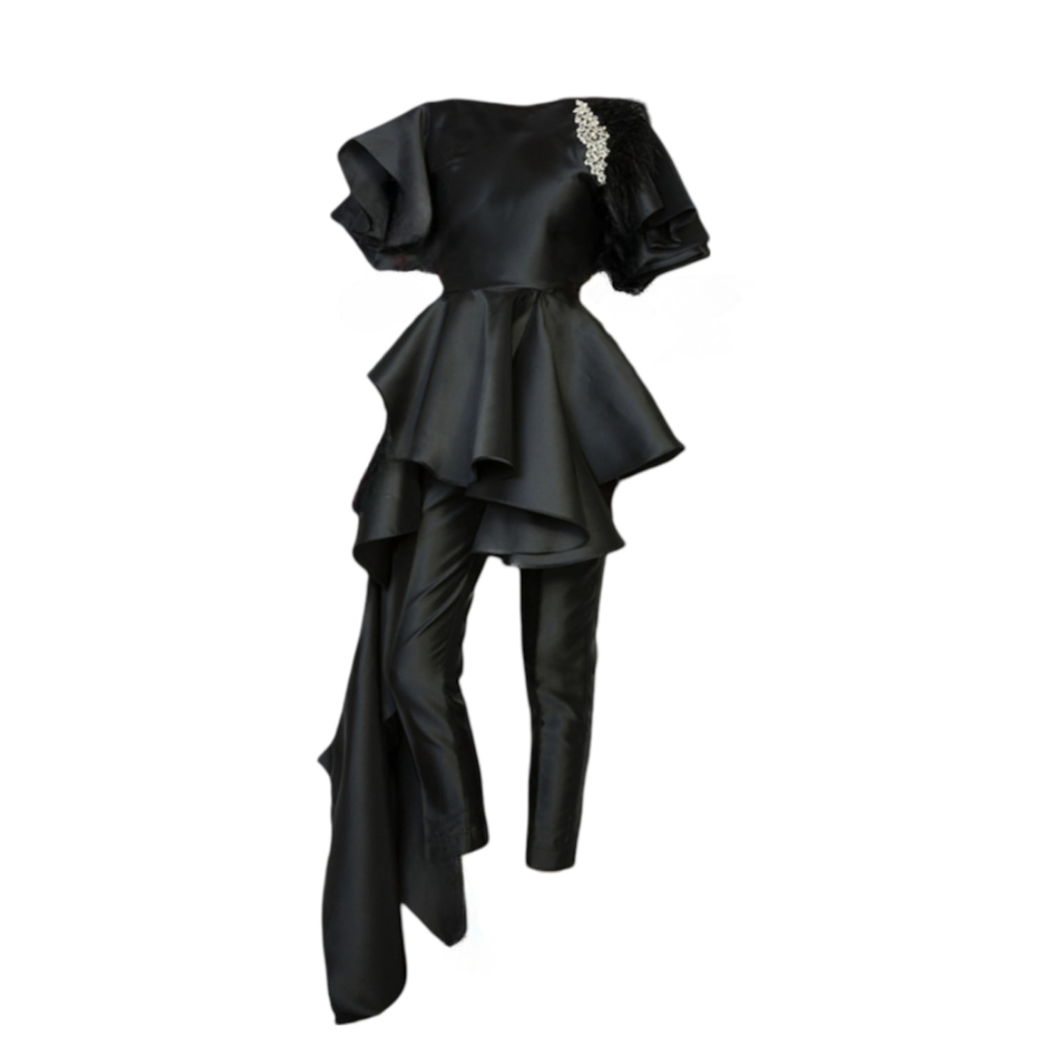 Lia Aram Black Crystal Brooch And Ruffle-trimmed Two-piece In Black