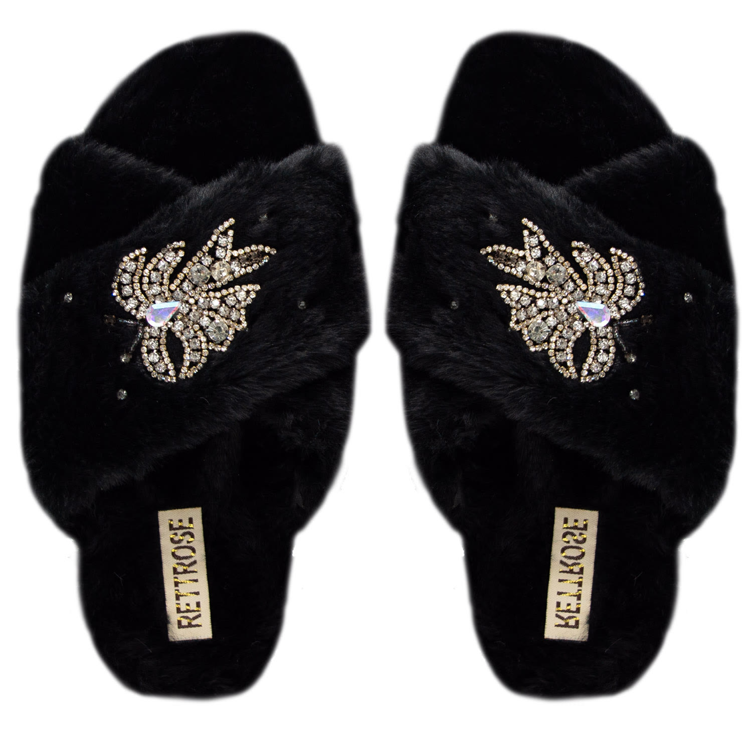Rettrose Women's The Katherine Black Luxury Plush Diamanté Embellished Handmade Slipper In Black