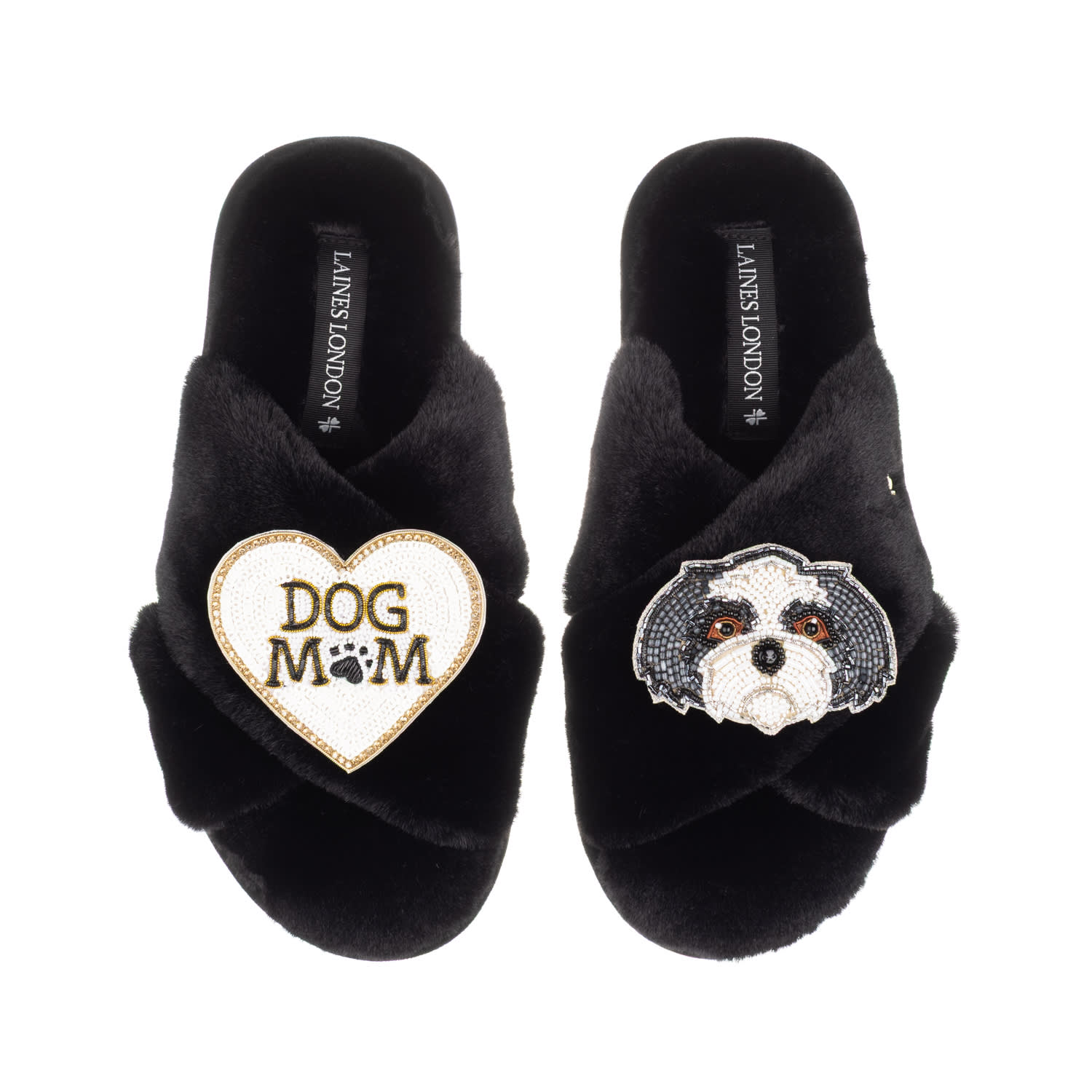 Laines London Women's Classic Laines Slippers With Dog Mum / Mom & Black & White Shih Tzu Brooches - Black In Black