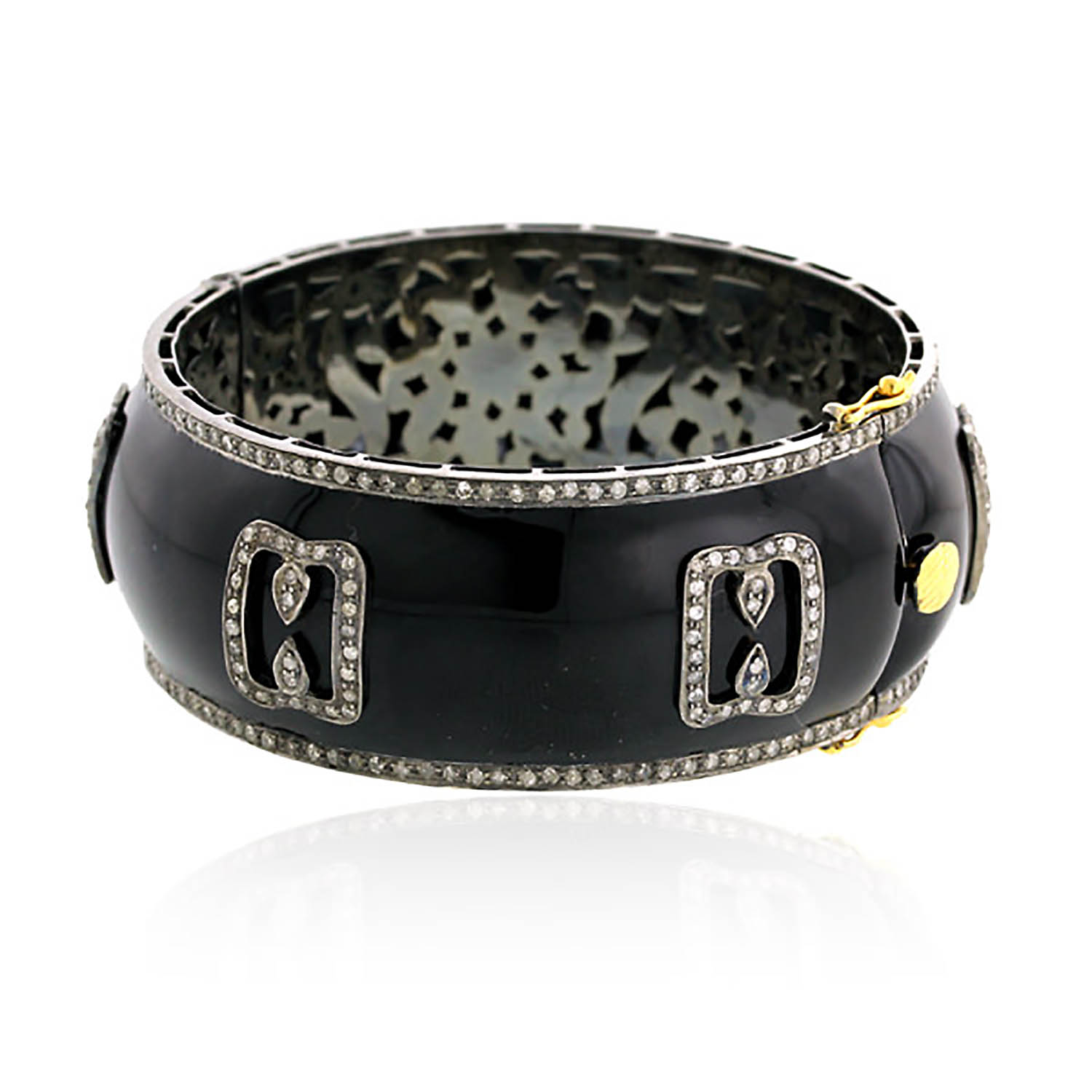 Women’s Gold / Black 14K Solid Gold & 925 Silver In Pave Natural Diamond With Enamel Designer Bangle Artisan