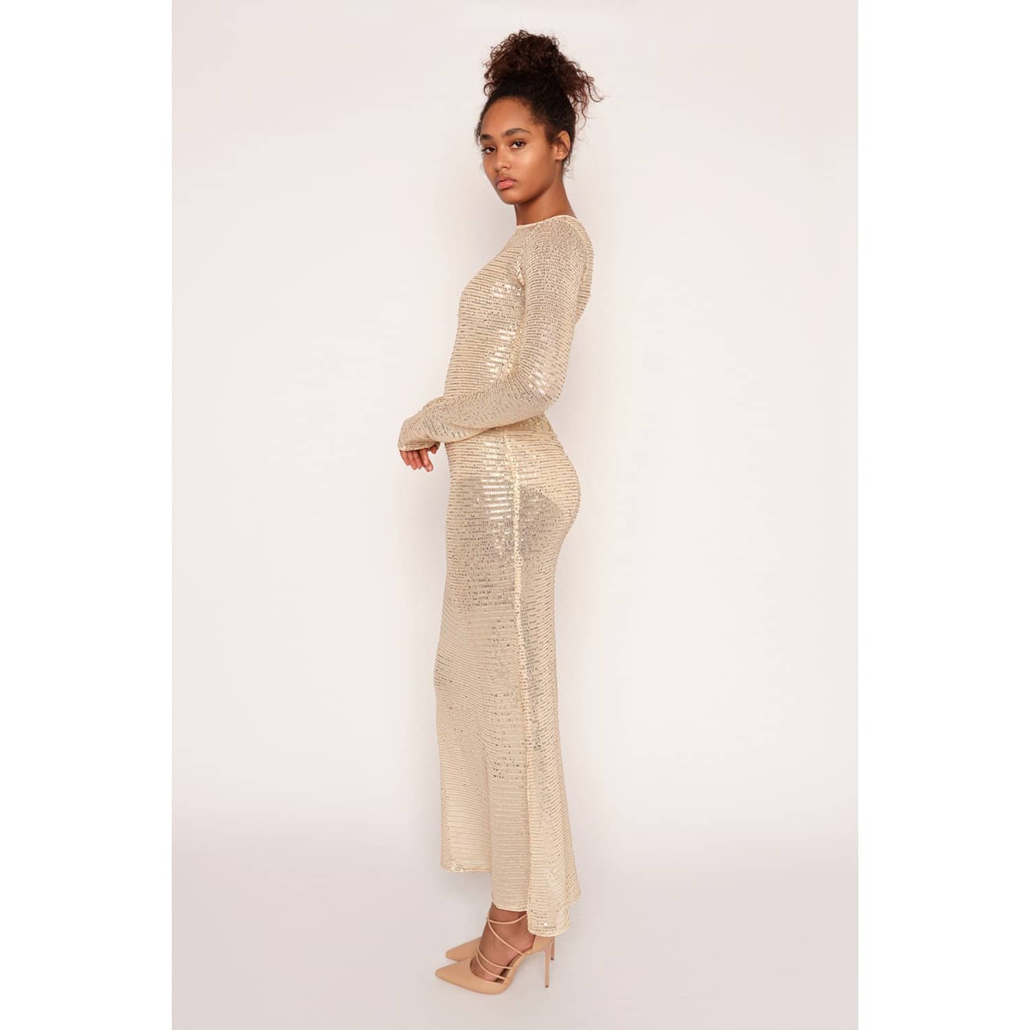 sheer long sleeve maxi dress ASOS DESIGN with lace panel godets and bodysuit in black With its high neckline and long sheer sleeves with elasticized cuffs Sequin Sheer Maxi Dress, Cream