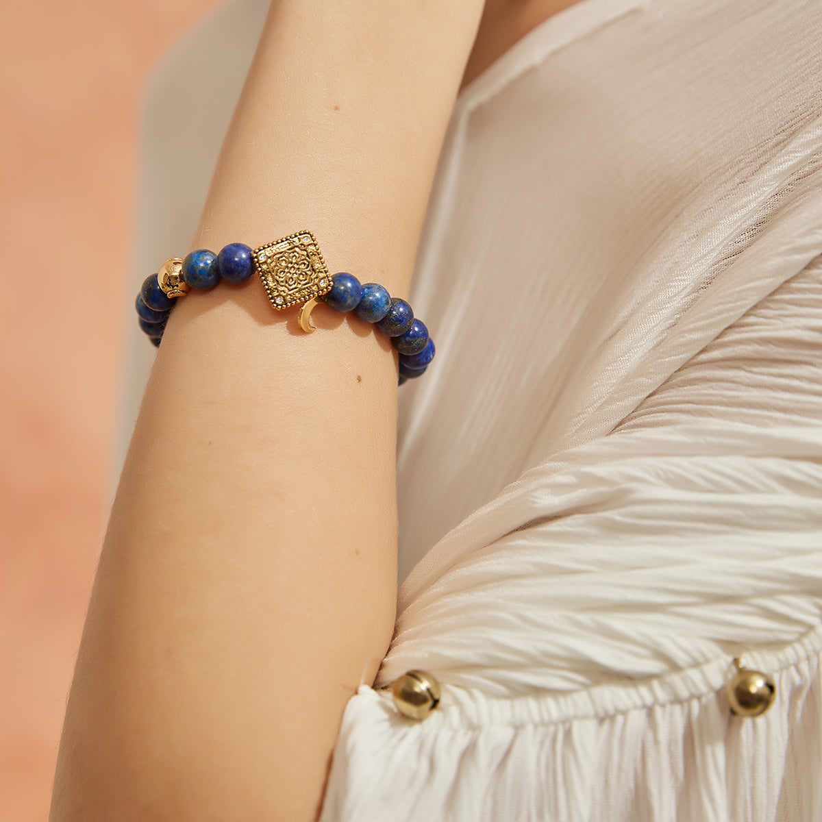 Aurozia Women's Gold / Silver Three Charms Sundial & Lotus & The Endless Love Knot Lapis Beaded Bracelet In Blue
