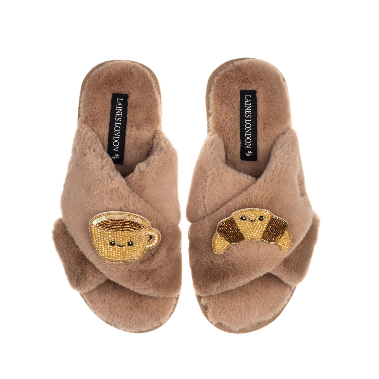 Women's Brown Classic Slippers With Laines Lovables Coffee & Croissant Brooches - Toffee | Extra Large | Laines London