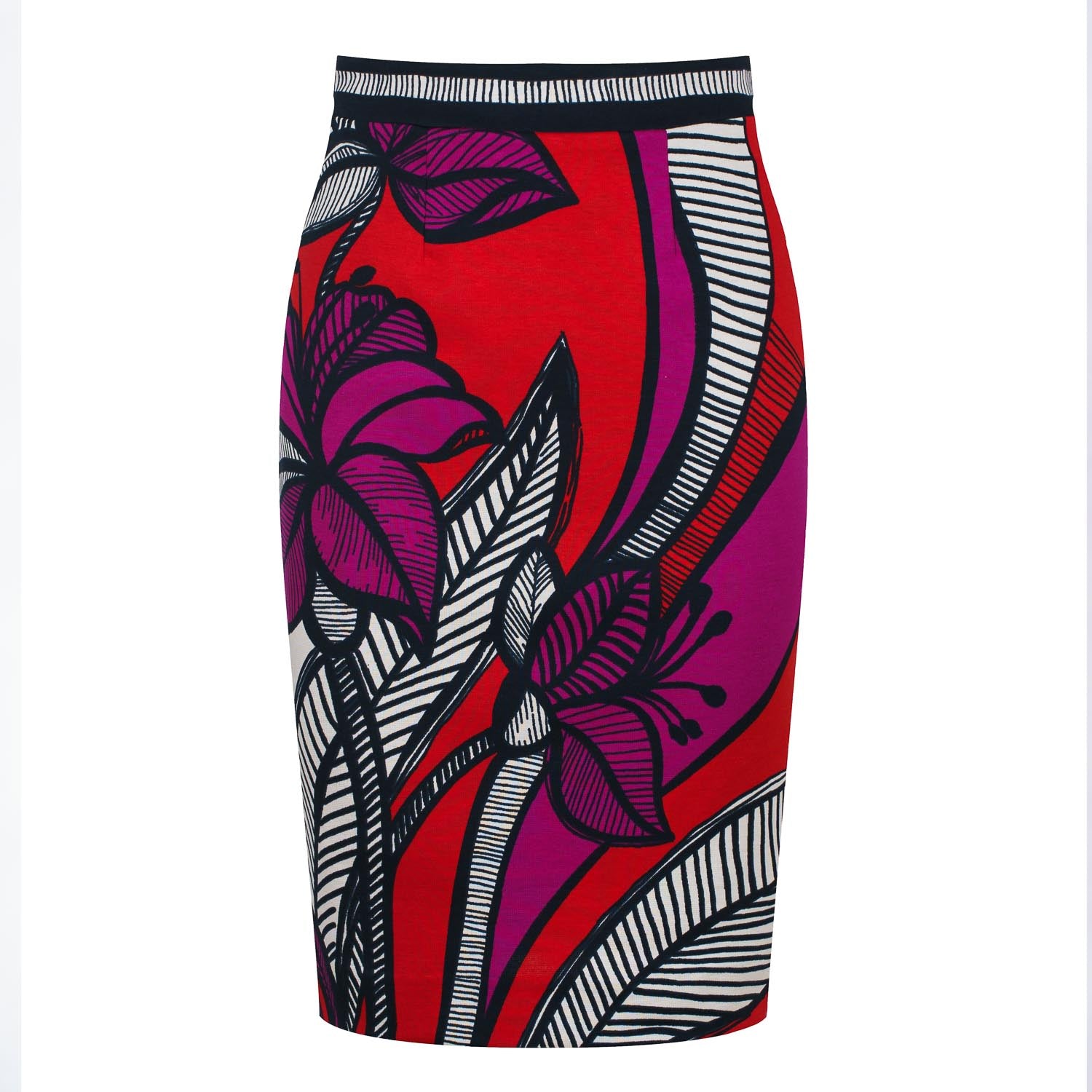 Conquista Women's Floral Print Pencil Midi Skirt – Bold Colors, Elastic Waist, Back Slit