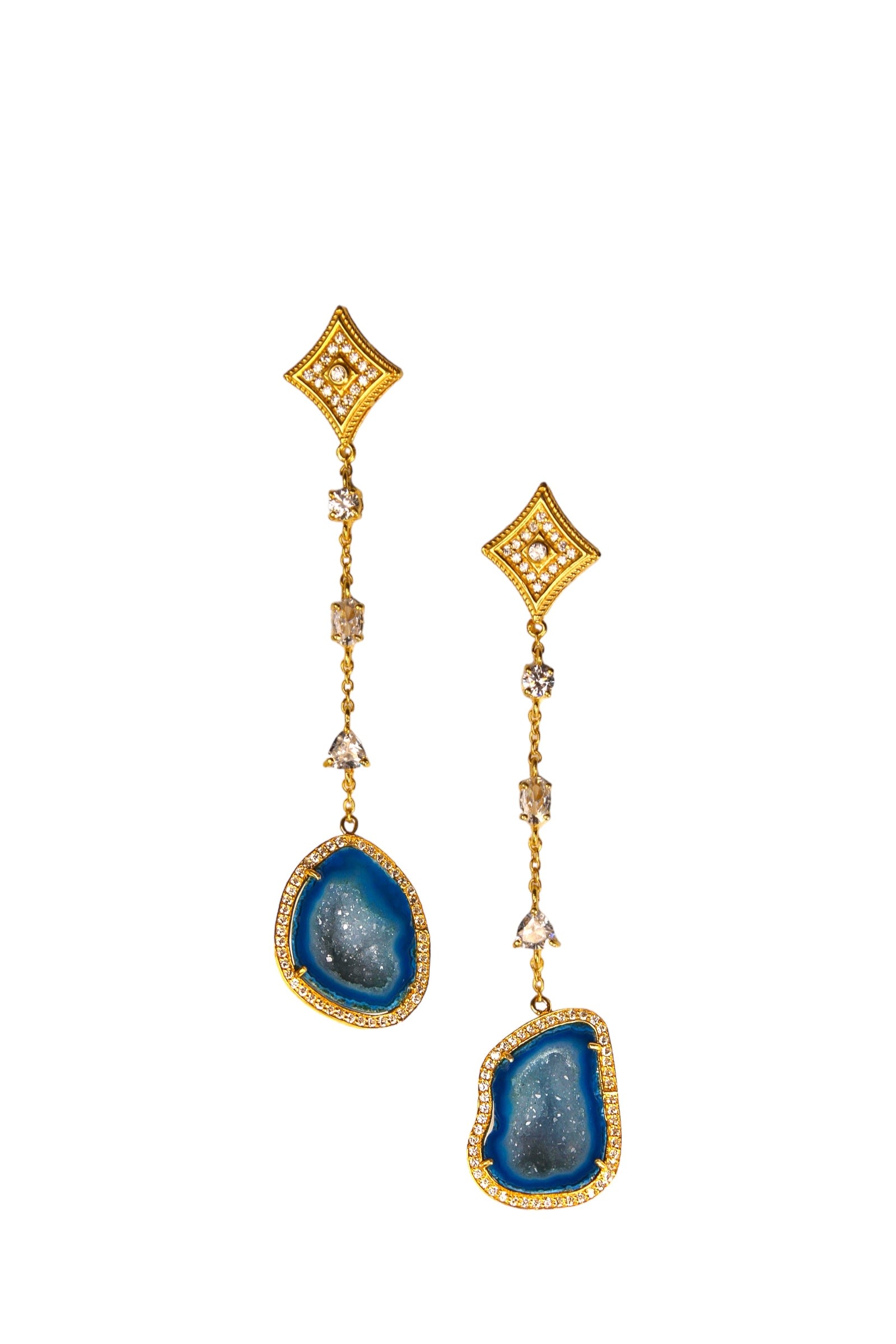 Women’s Blue Geode & Crystal Gold Statement Drop Earrings Amina Johan