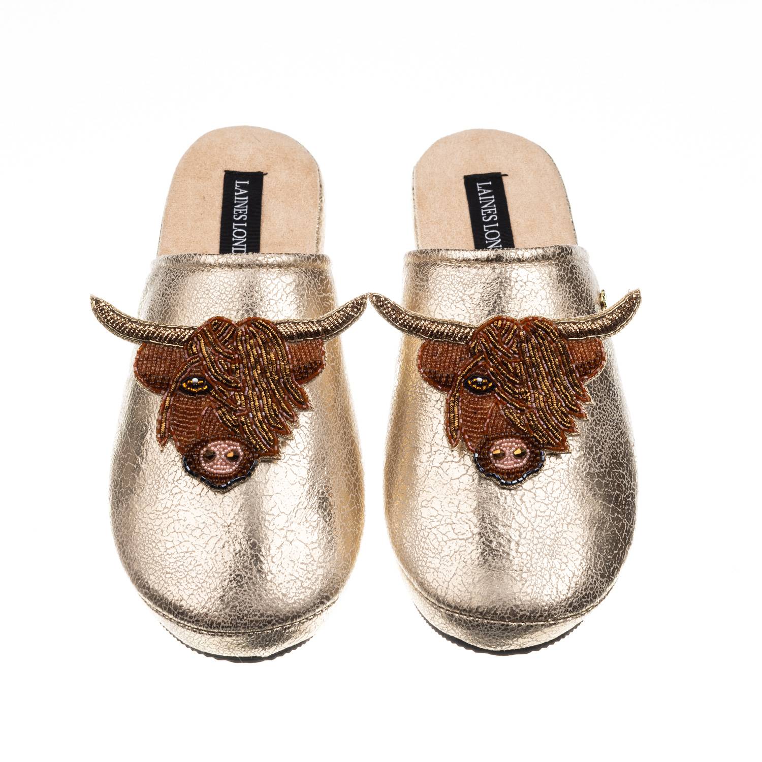 Laines London Women's  Gold Softie Slippers With Double Highland Cow Brooches In Gold
