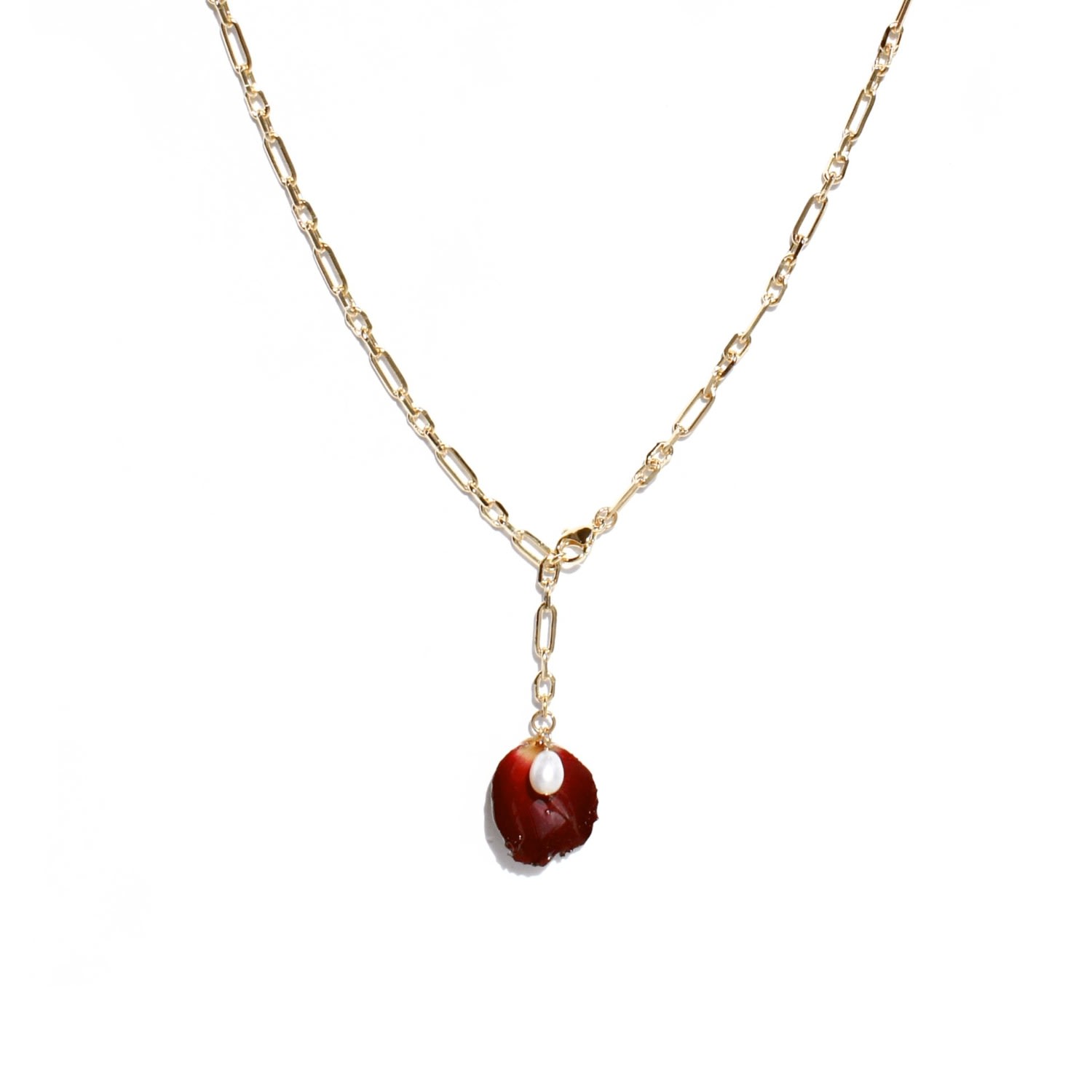 I'mmany London Women's Gold / Red Real Flower Grande Amore Rose Petal & Freshwater Pearl Chain Necklace