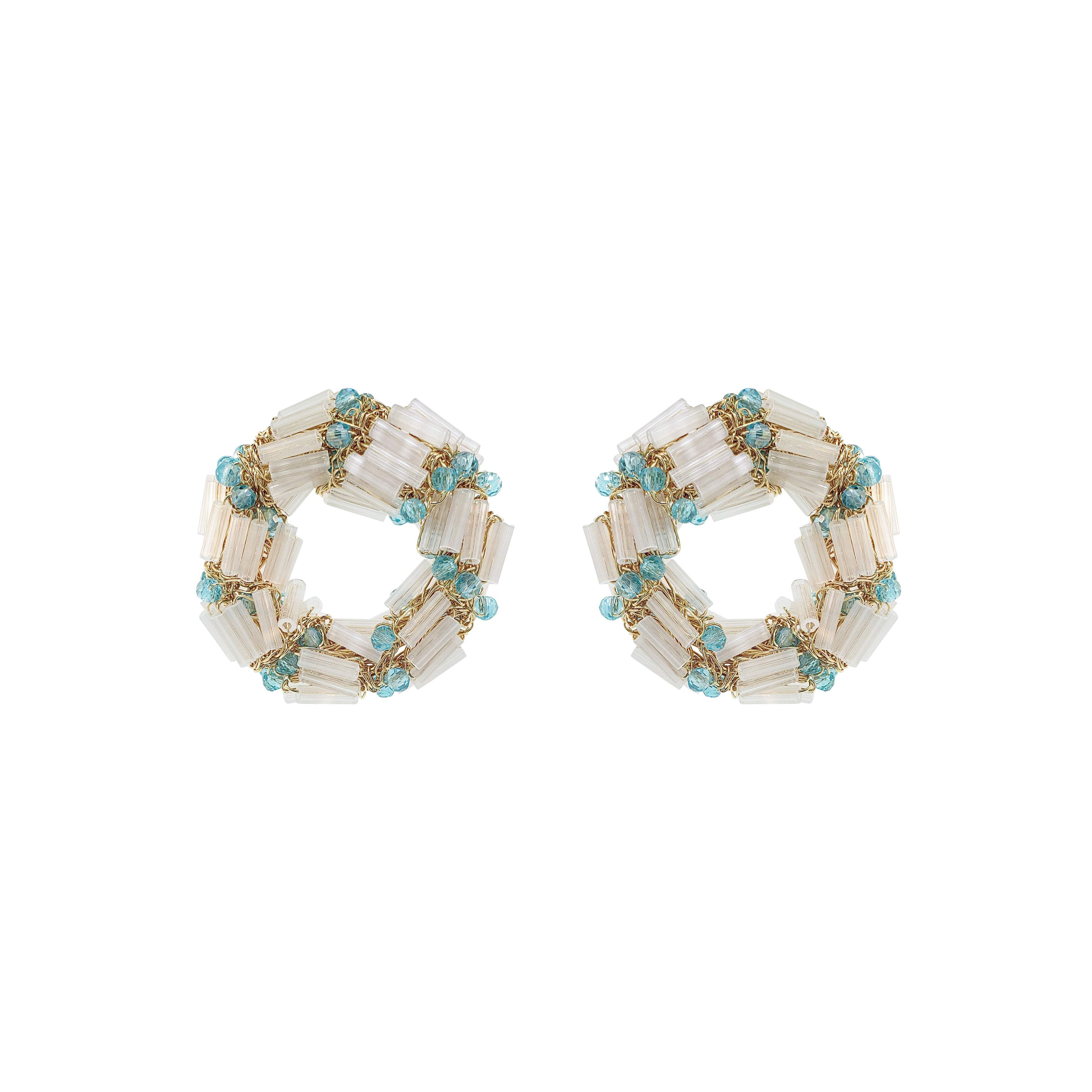 Lavish By Tricia Milaneze Women's Gold / Blue / White Seafoam Blue Mix Helix Post Handmade Crochet Earrings