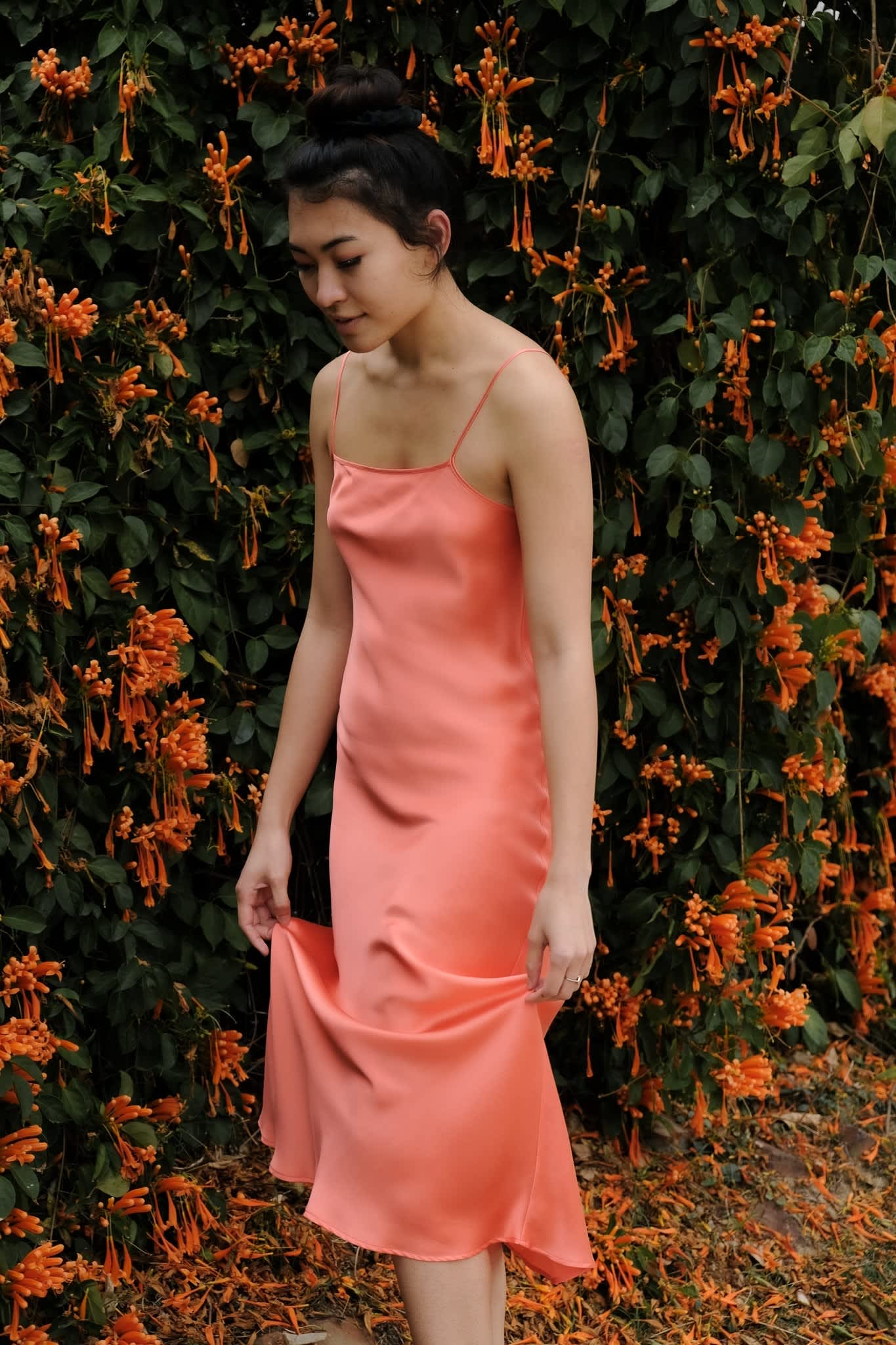 Coral Silk Satin Ruffle Slip Dress