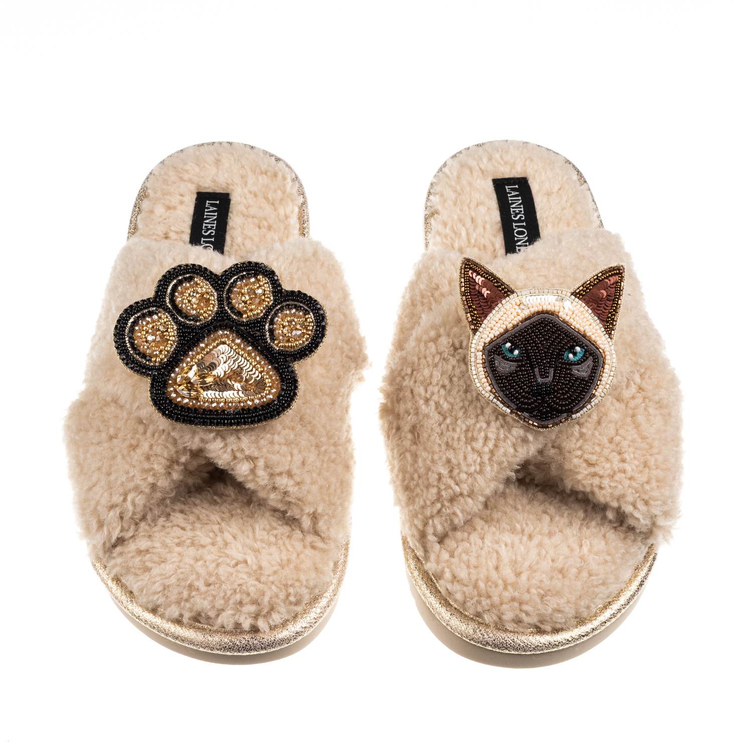 Laines London Women's Brown / Neutrals Boucle Slippers With Paw & Siamese Cat Brooches - Oatmeal In Brown