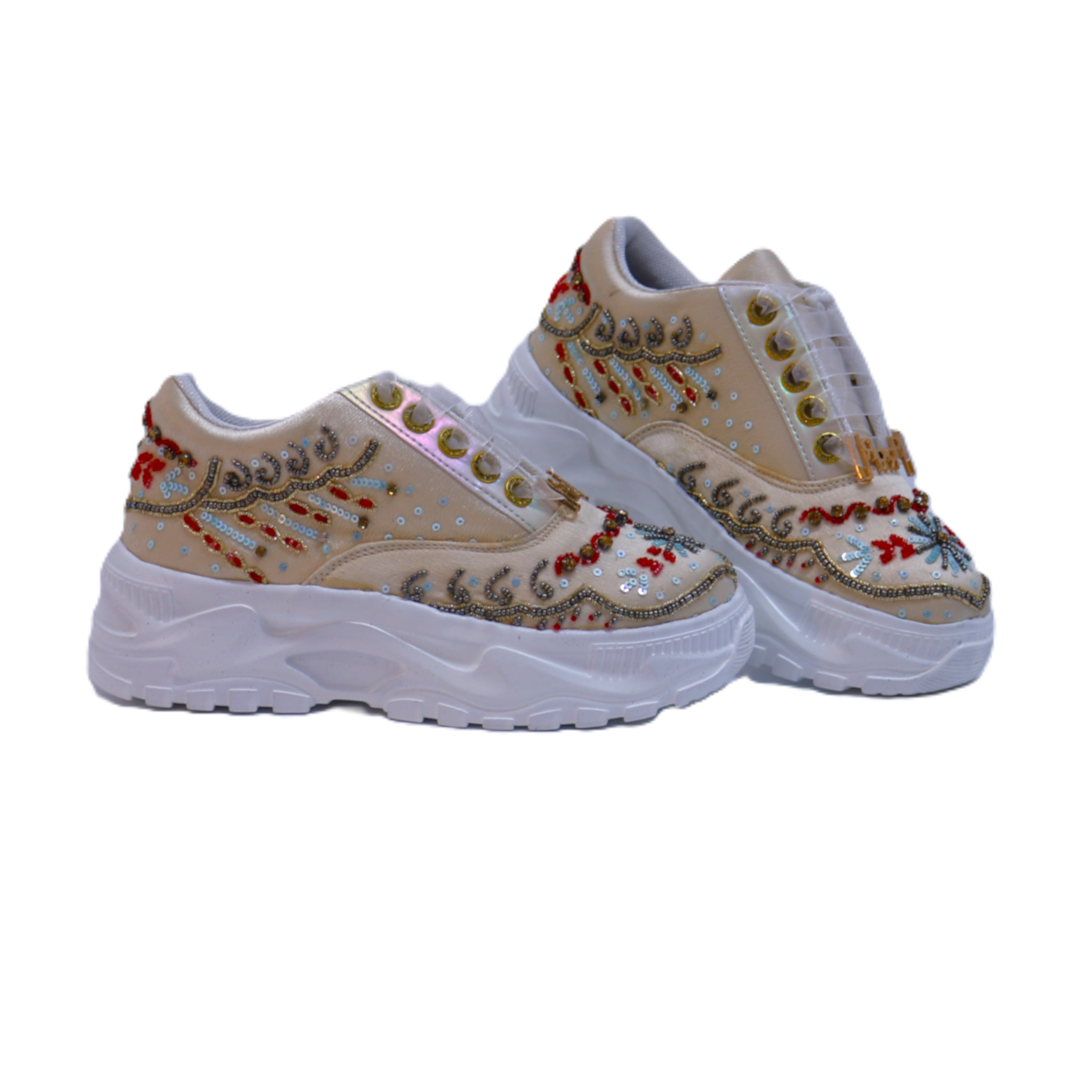 Rettrose Women's Neutrals The Savannah Luxury Buttermilk Satin Handmade Embellished Trainers In Black