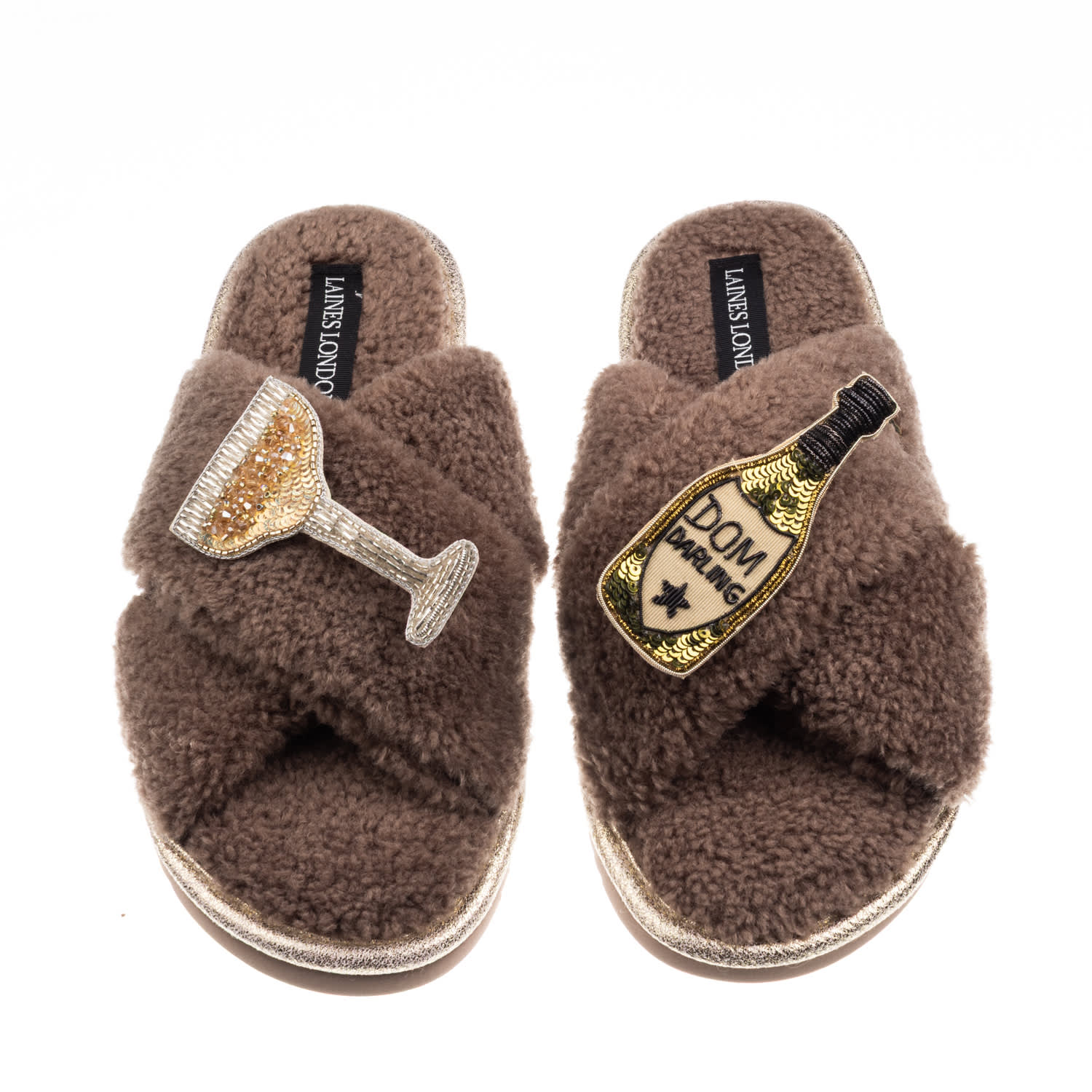 Laines London Women's Brown / Neutrals Laines Neutral Boucle Slippers With Dom Darling Champagne Brooches - Mink In Brown