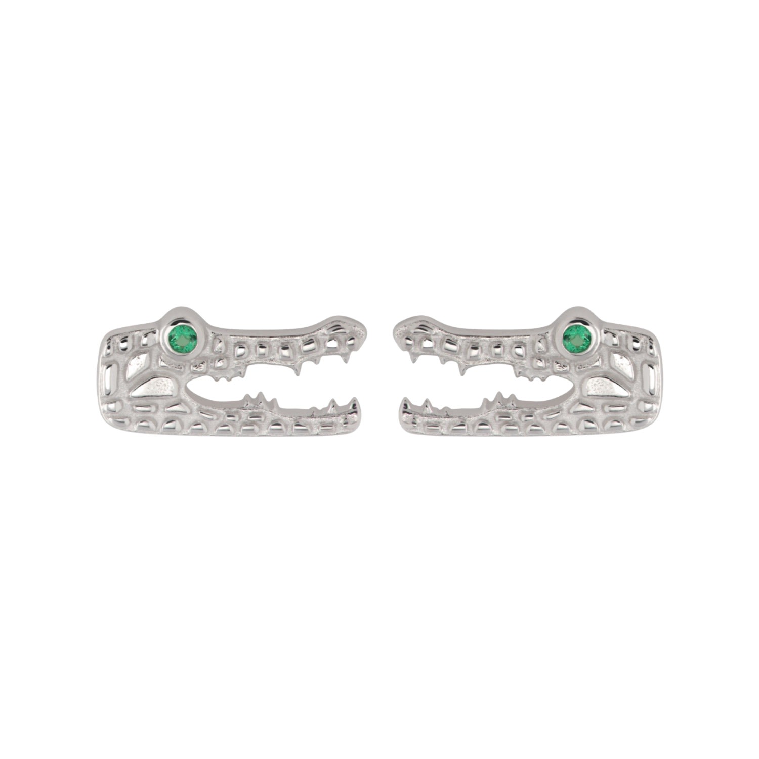 Scream Pretty Women's Silver Crocodile Stud Earrings With Green Eyes In Metallic