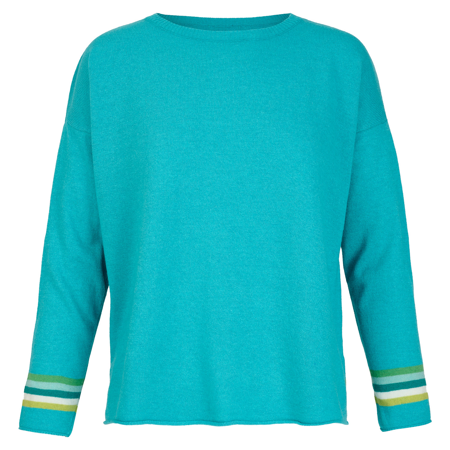 Women’s Blue Cashmere Mix Sweater In Turquoise With Hem & Cuff Multi Stripe One Size At Last...