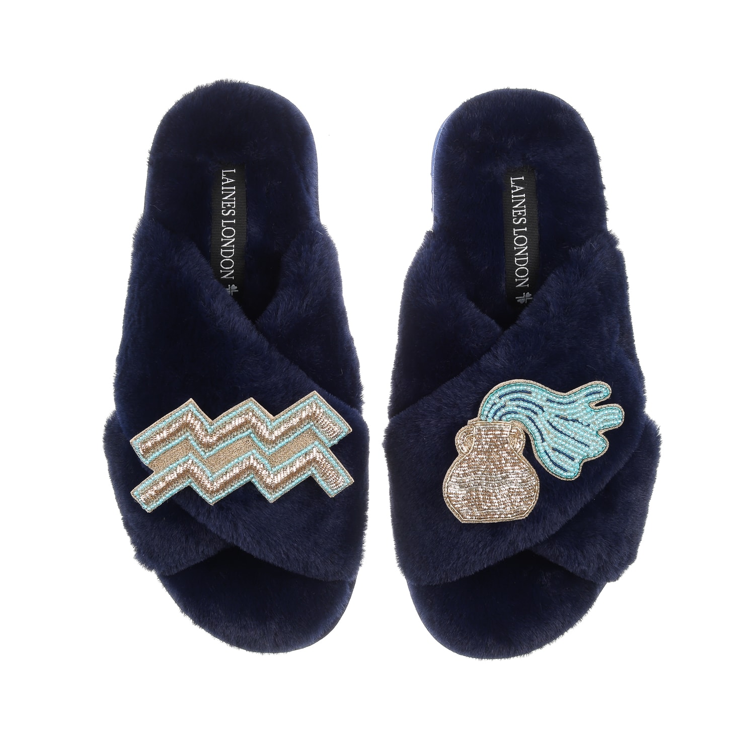 Laines London Women's Blue Classic Laines Slippers With Aquarius Zodiac Brooches - Navy In Blue