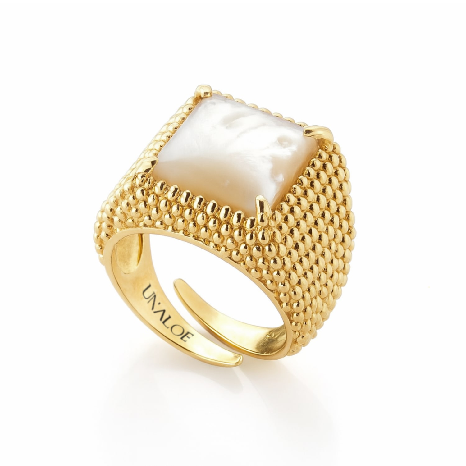 Unaloe Gold / White Men's Adjustable Square Ring Sterling Silver-gold Plated With Mother Of Pearl In Multi