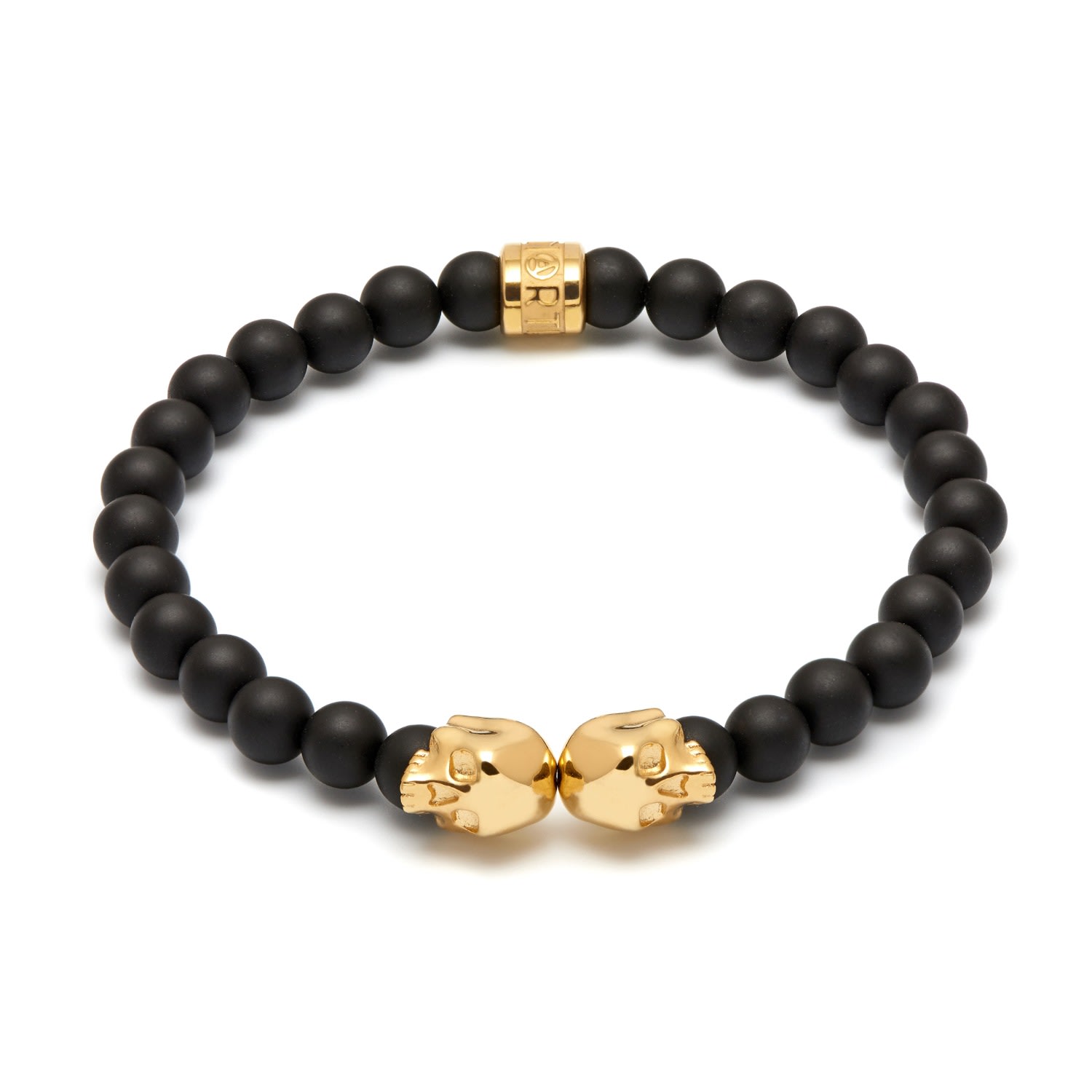 Northskull Men's Matte Black Onyx & Gold Medius Twin Skull Bracelet