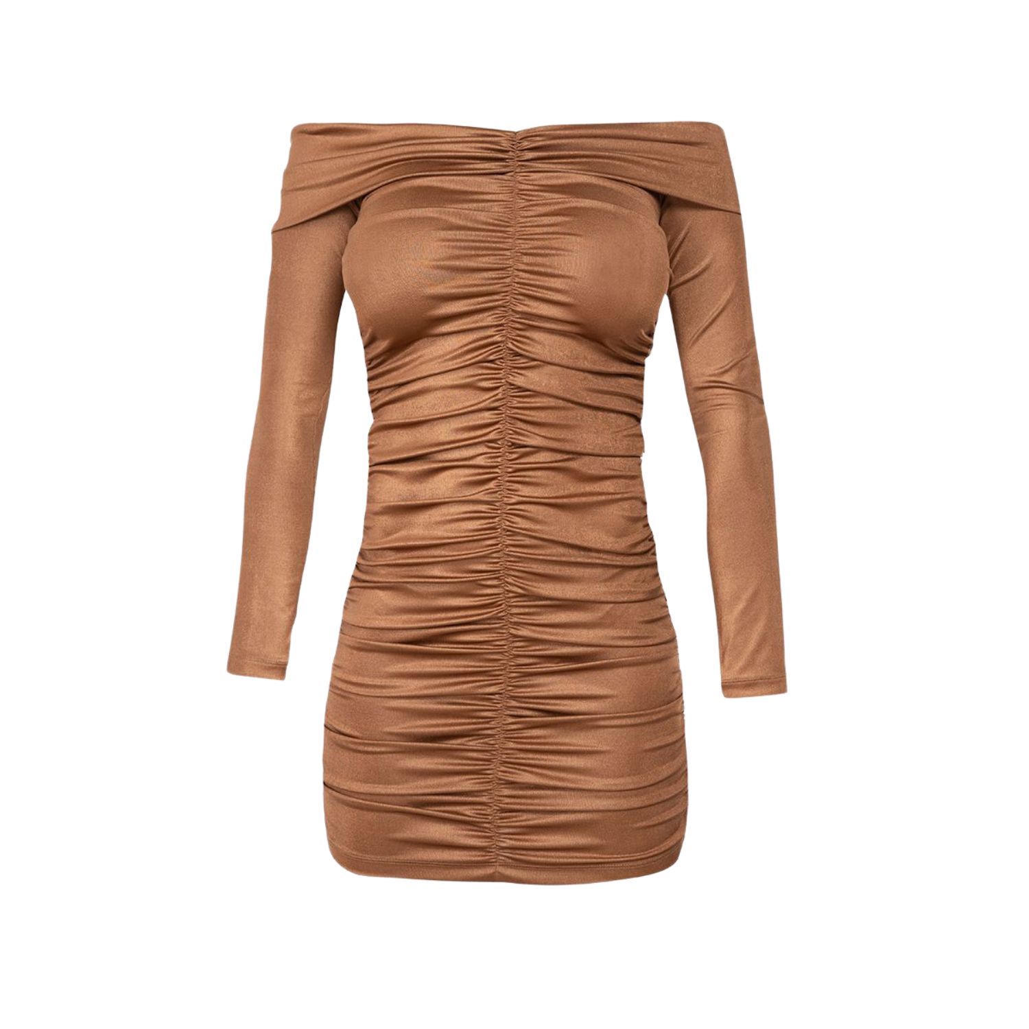 Cliche Reborn Women's Mini Off Shoulder Ruched Dress In Brown In Gray