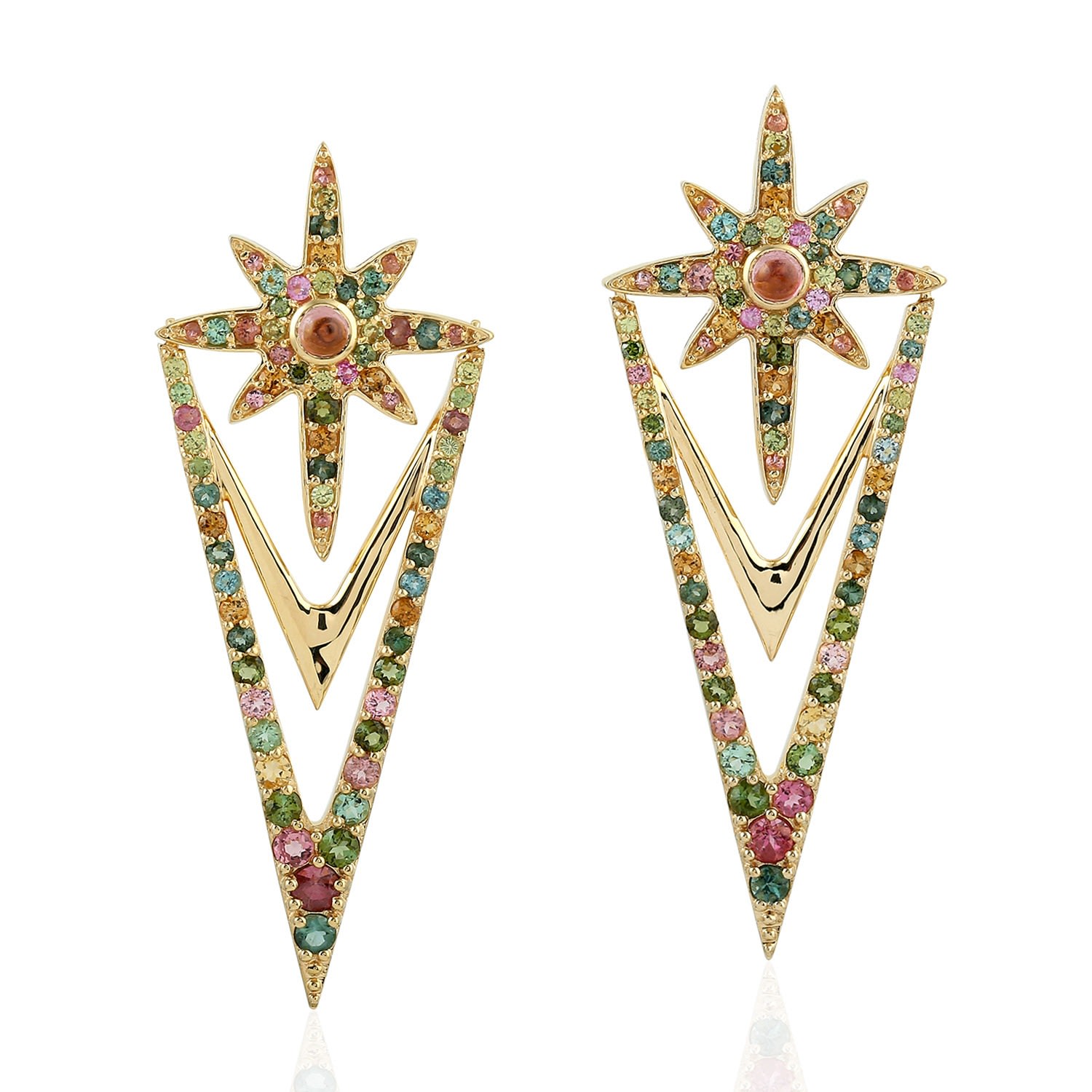 Artisan Women's Multicolor Tourmaline Gemstone Dangle Earrings In 14k Yellow Gold