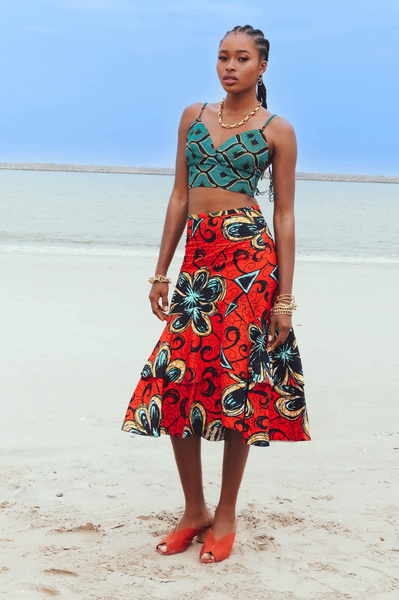 Ime Ruffled Asymmetric Midi Skirt - Red Floral Rubies African Ankara Wax  Cotton Print by OliveAnkara