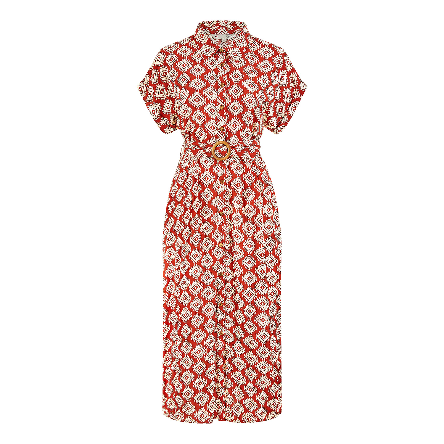 Yumi Women's  Red Viscose Midi Shirt Dress With Matching Belt