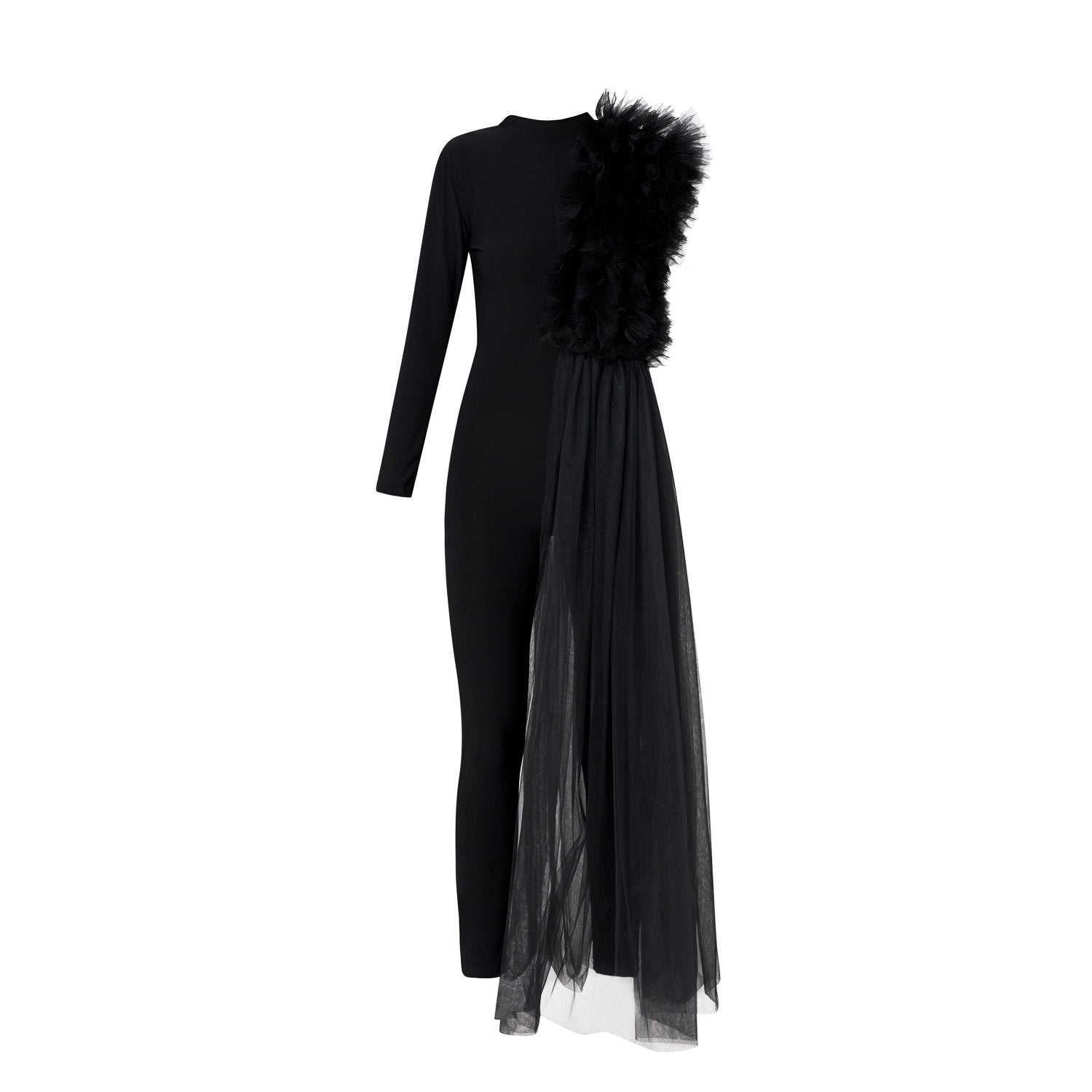 LIA ARAM WOMEN'S BLACK ASYMMETRIC TULLE DECONSTRUCTED JUMPSUIT