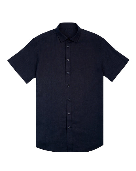 Eight X Men's Blue 100% Linen Button Short Sleeve Button Down Shirt - Navy In Blue