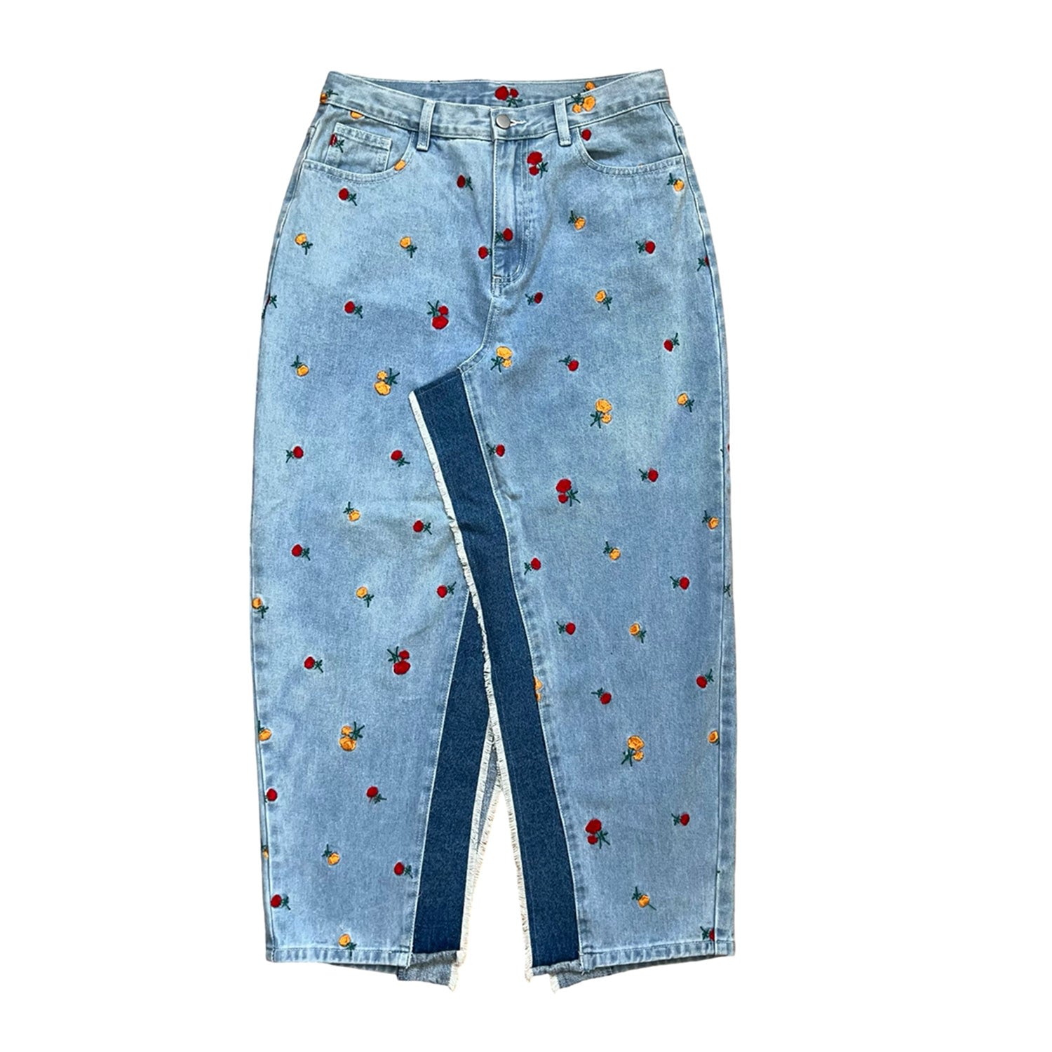 L2r The Label Women's Denim Skirt In Light Blue And Embroidered Roses In Blue