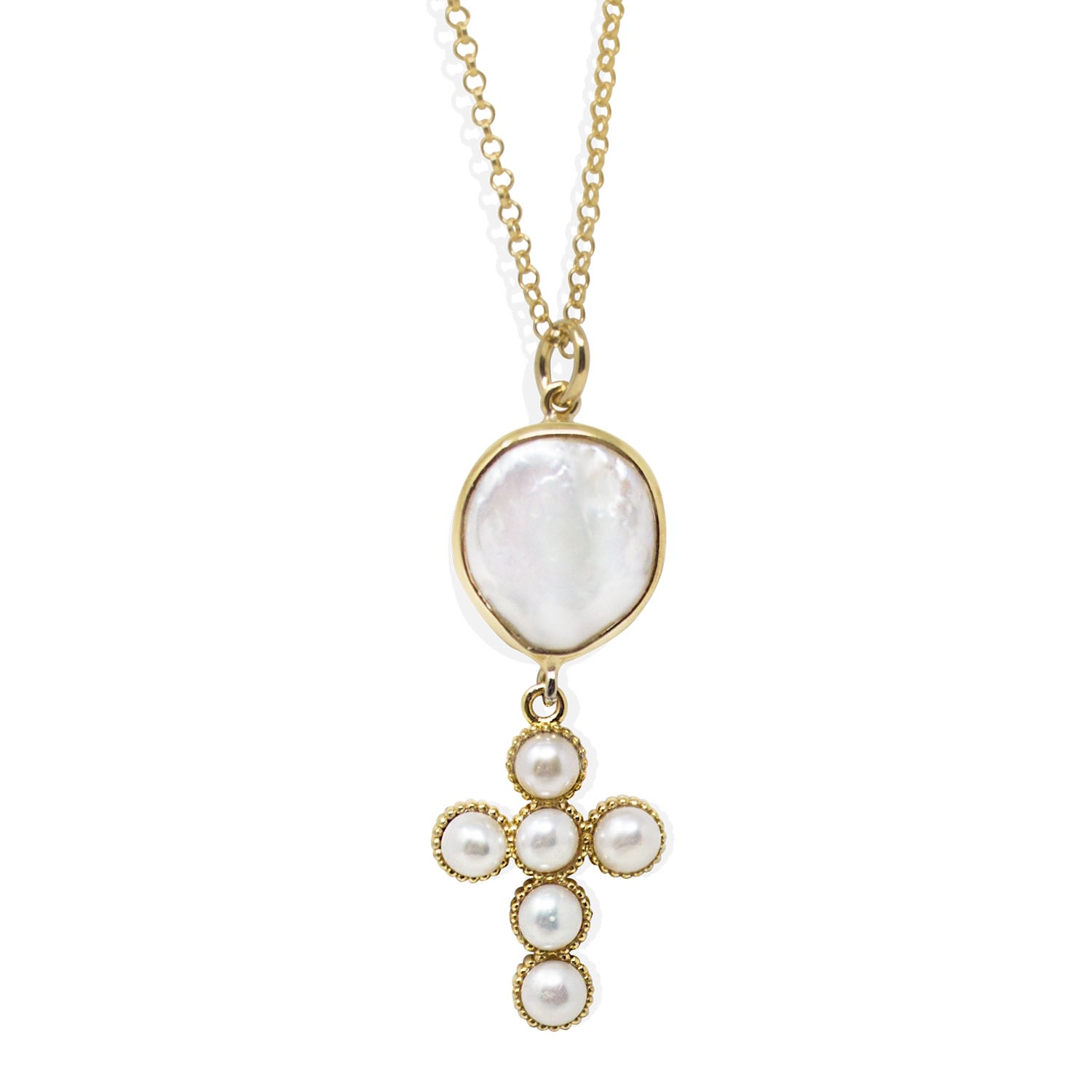 Vintouch Italy Women's White Hope Gold-plated Pearl Cross Necklace In Gray