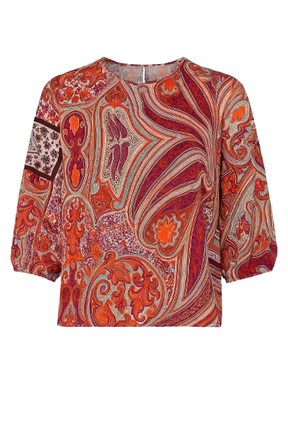 Conquista Women's Red Print Top With Bishop Sleeves In Red