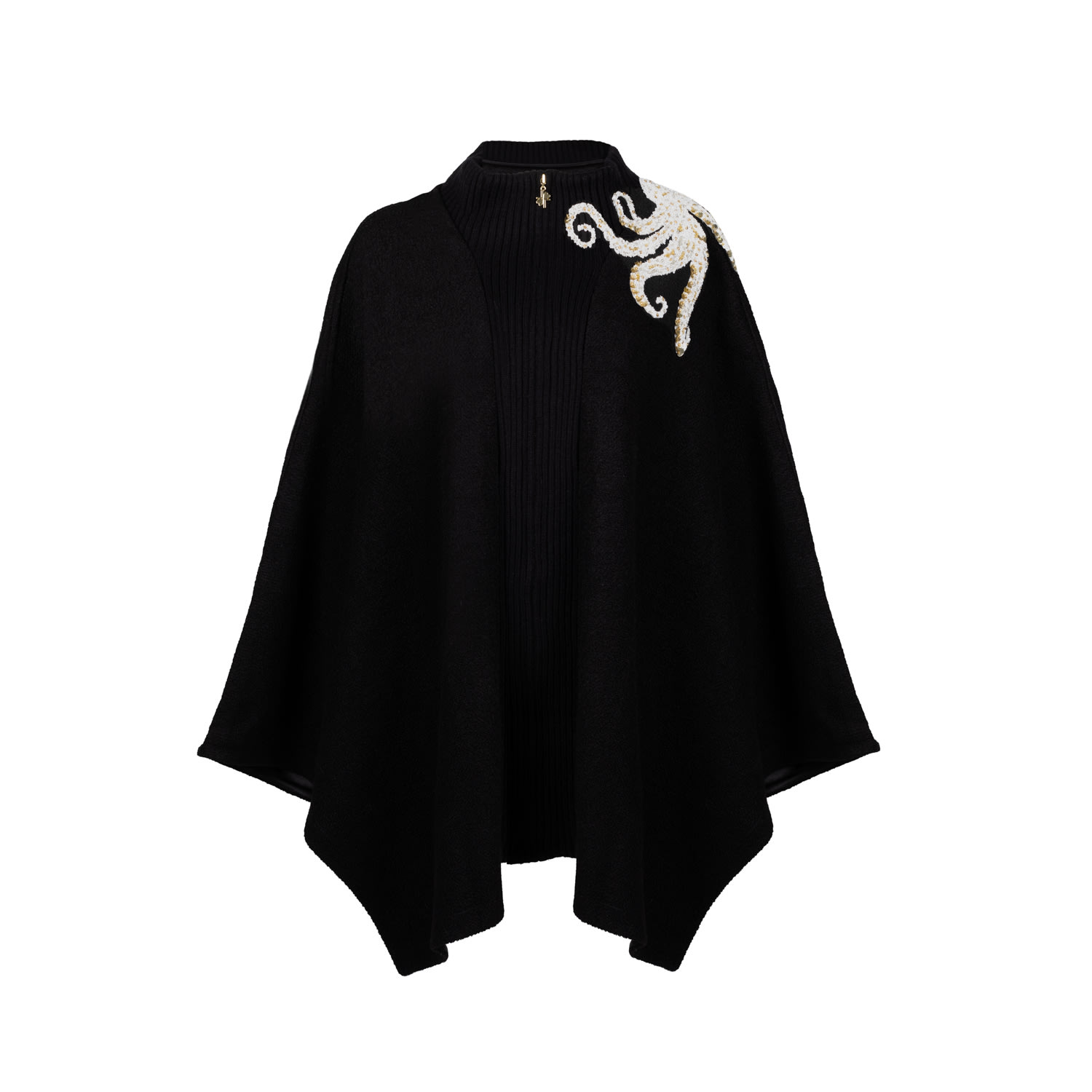 Laines London Women's Black / Gold / Neutrals Laines Couture Wool Blend Zip Cape With Embellished Beaded Octopus - In Black/gold