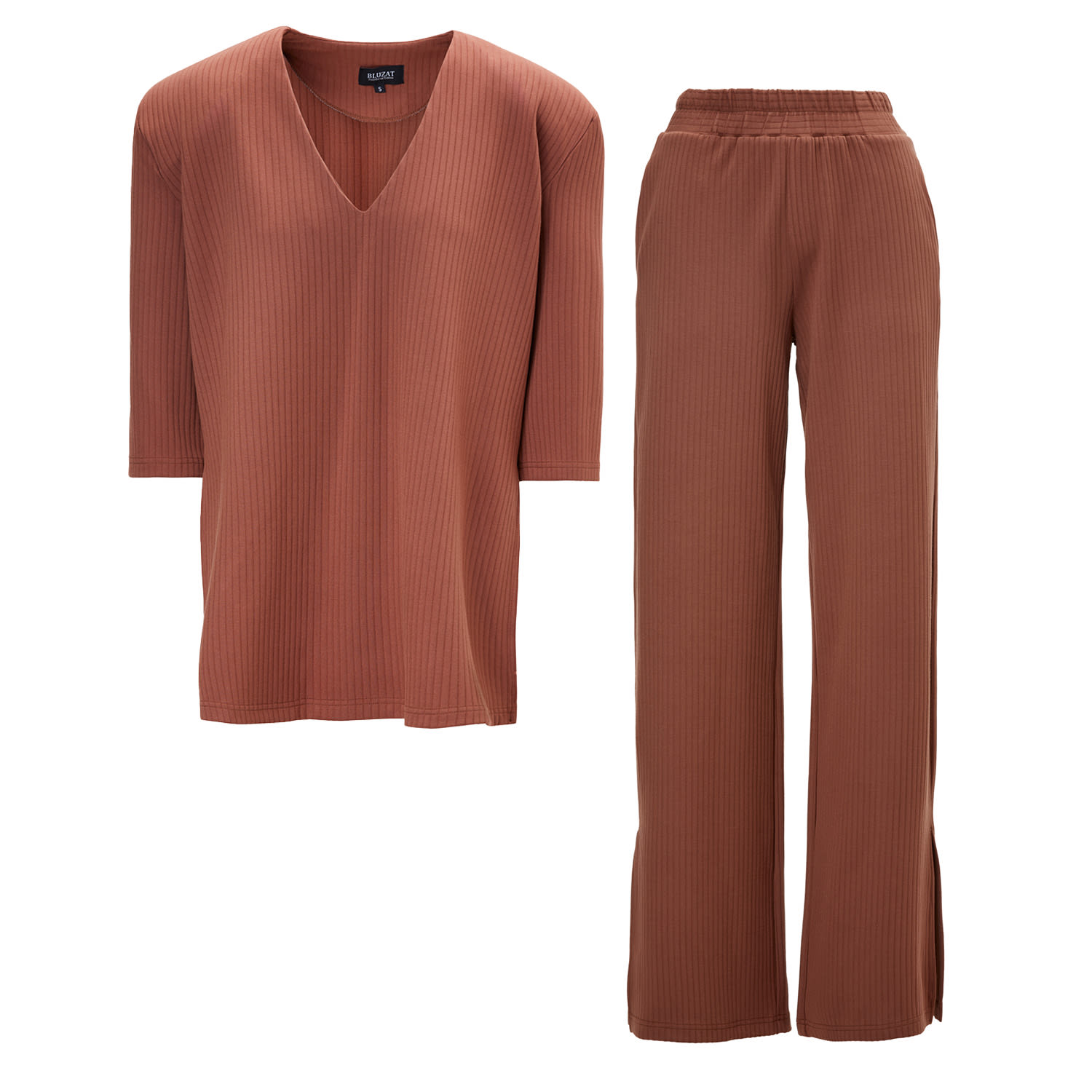 Women’s Ribbed Brown Matching Set With Blouse And Trousers With Slit Small Bluzat