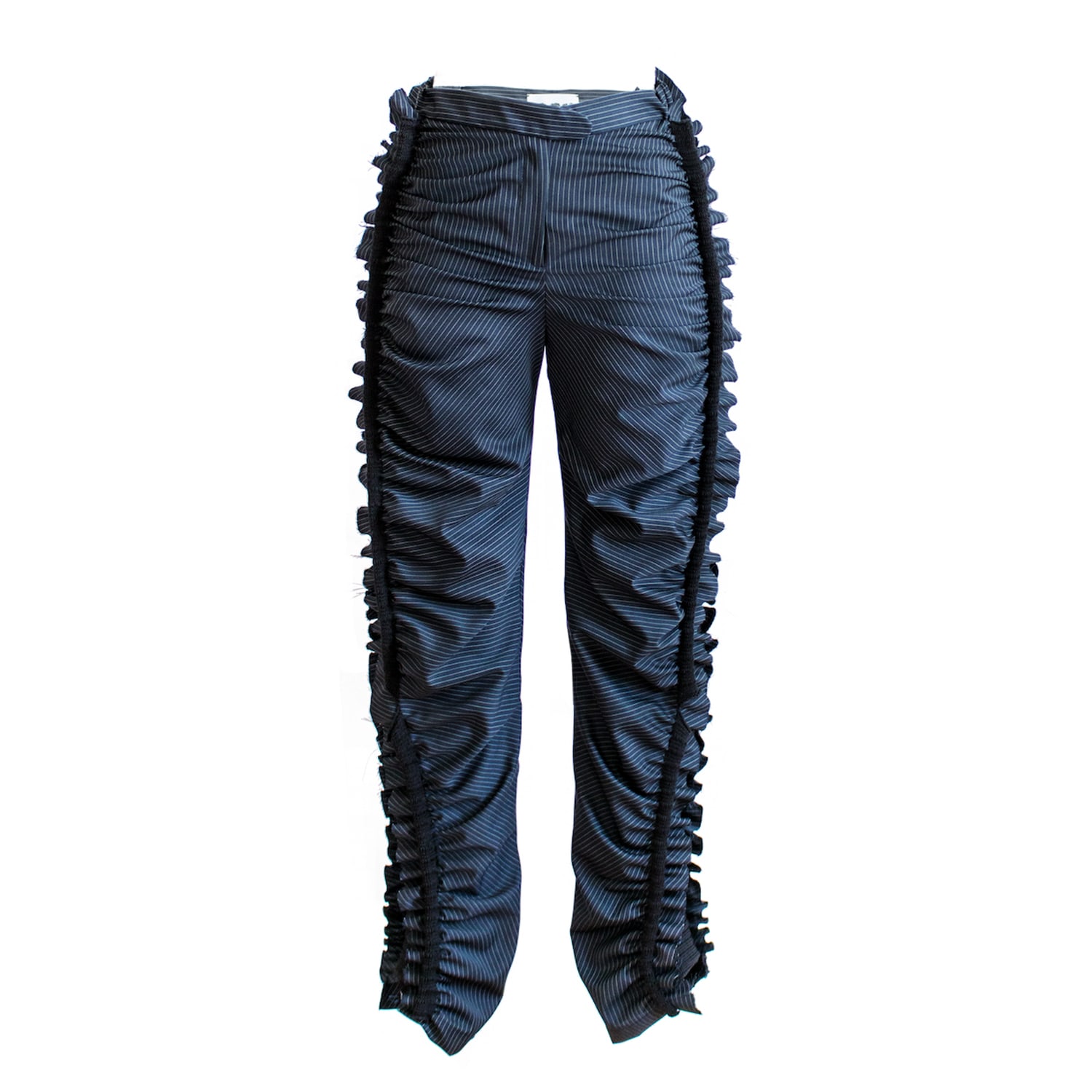 Ccy Currency Women's Black / Blue Frill Pants - Navy Pinstripe In Black/blue
