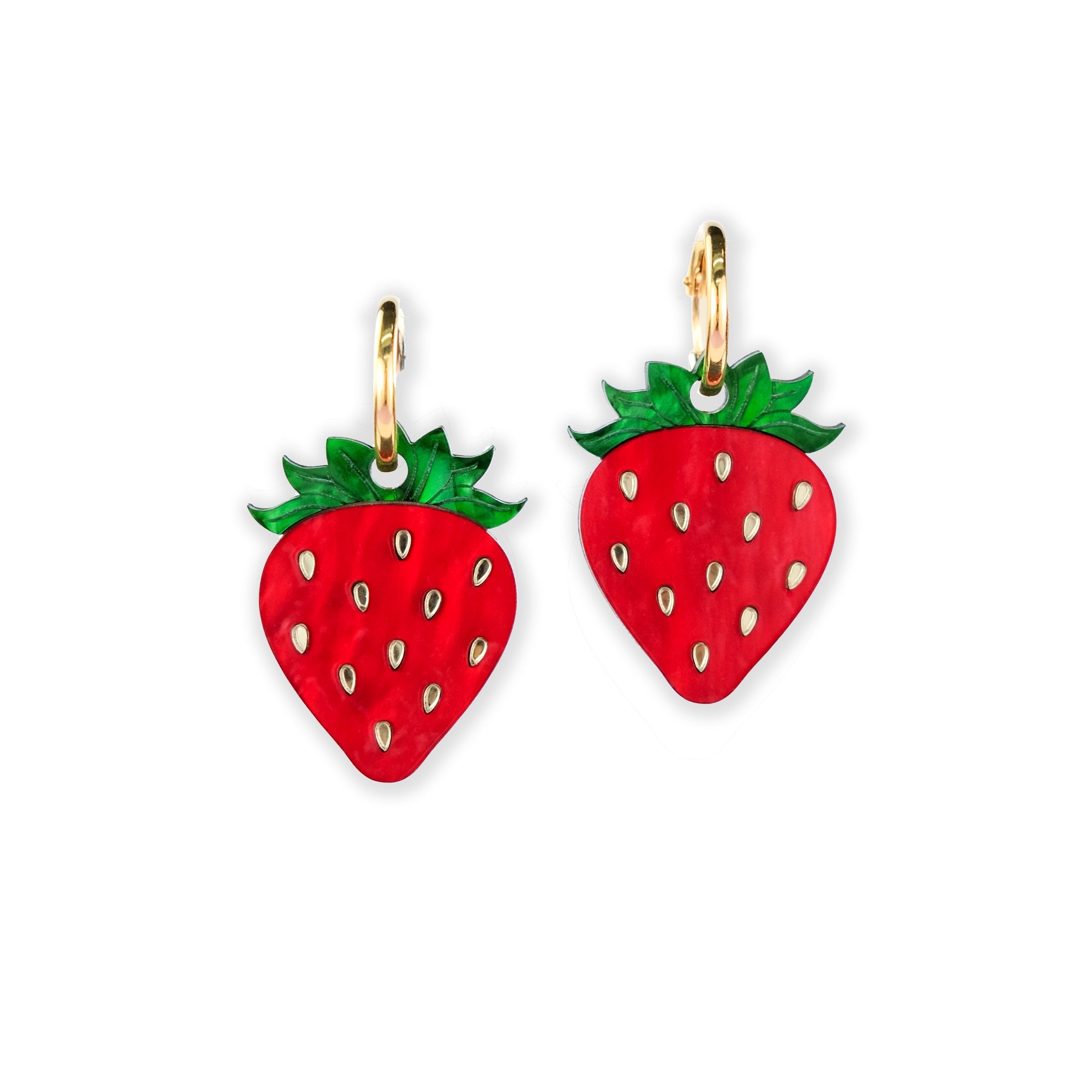 By Chavelli Women's Green / Red / Gold Strawberry Dangly Hoop Earrings
