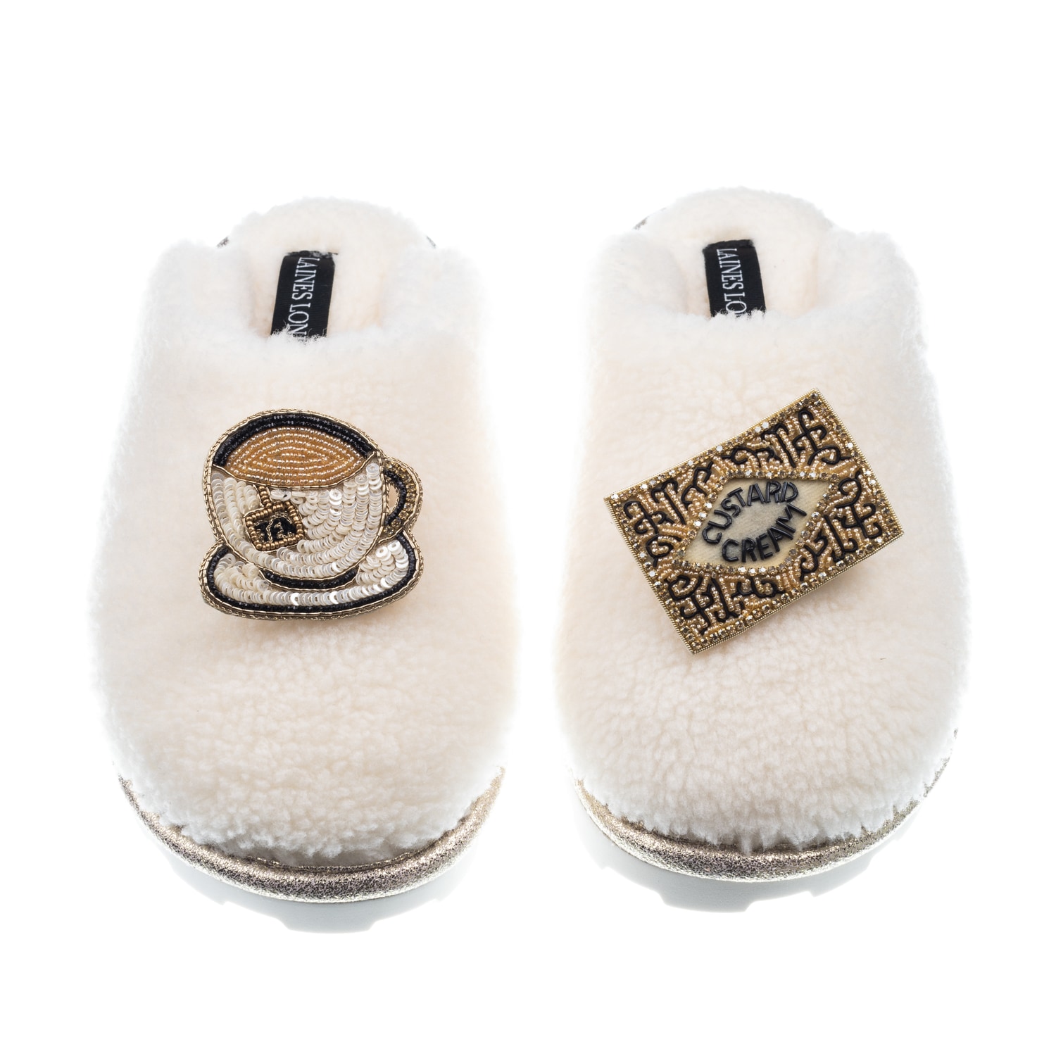 Laines London Women's White Teddy Closed Toe Slippers With Tea & Biscuit Brooches - Cream In White