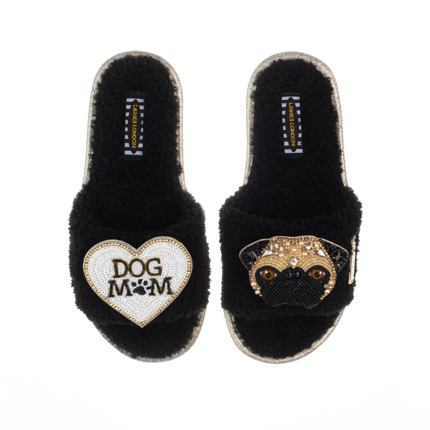 Women’s Teddy Toweling Slippers With Franki Pug & Dog Mum /Mom Brooches - Black Small Laines London