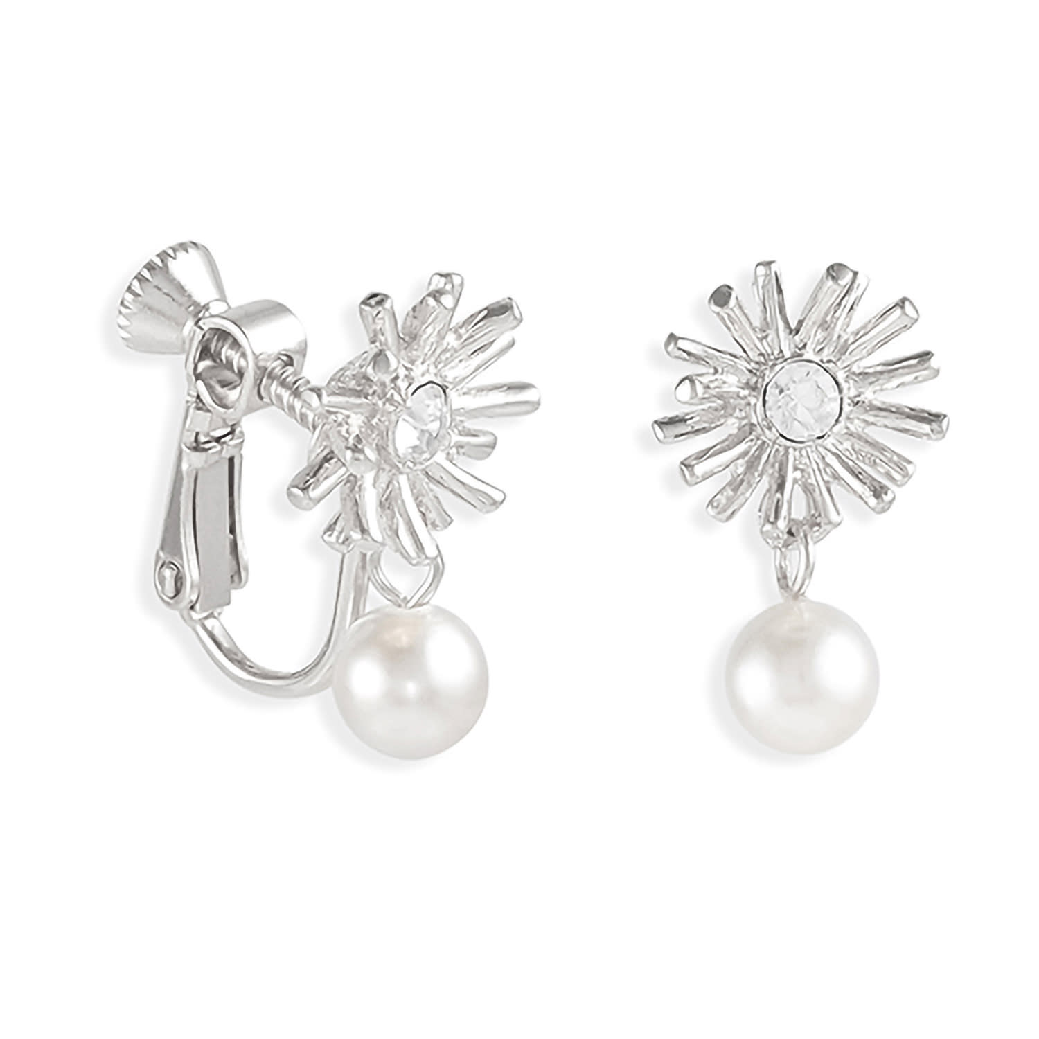 Grossé Women's Silver / White Crystal & Pearl Drop Clip On Earrings, Series Bouquet